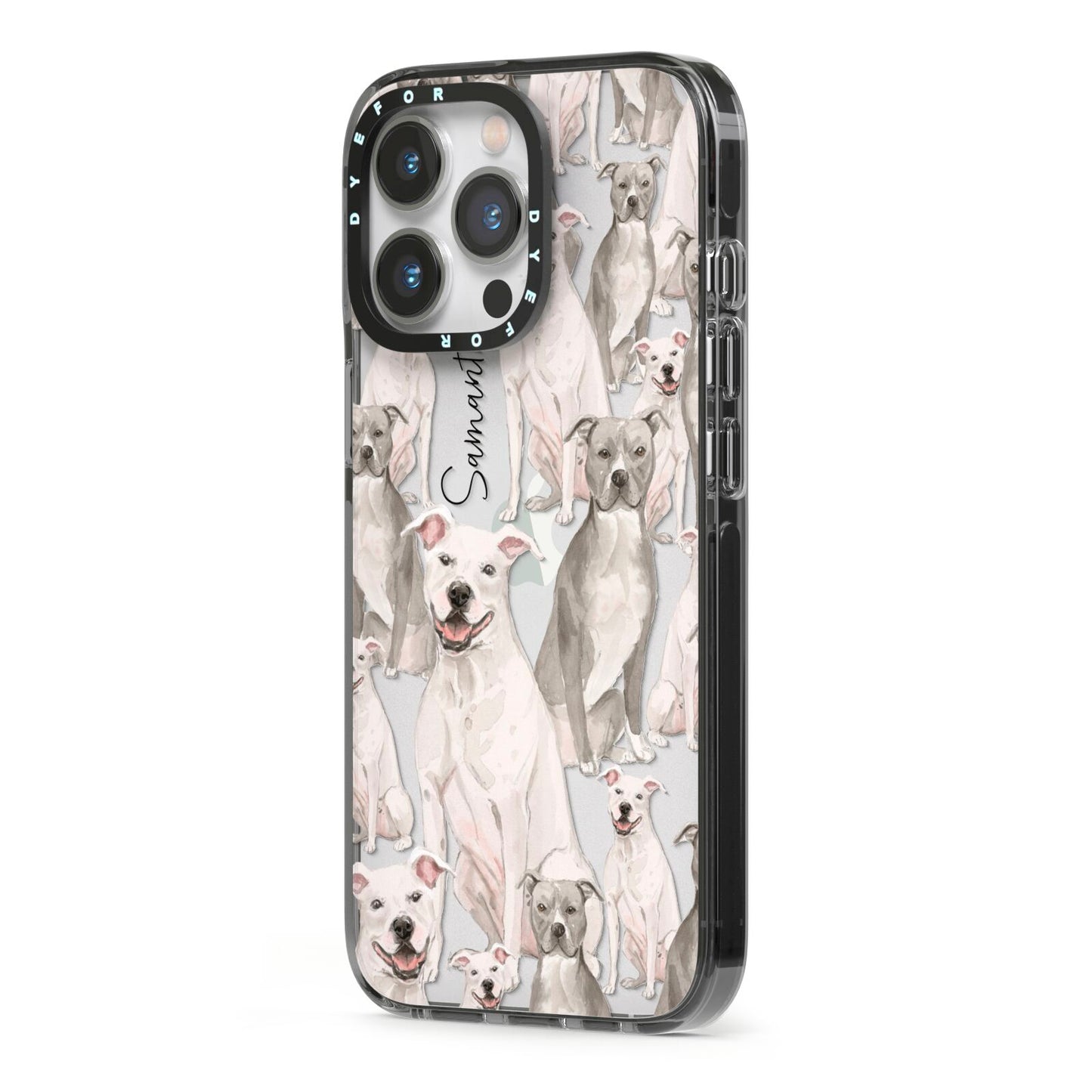 Personalised Staffordshire Dog iPhone 13 Pro Black Impact Case Side Angle on Silver phone