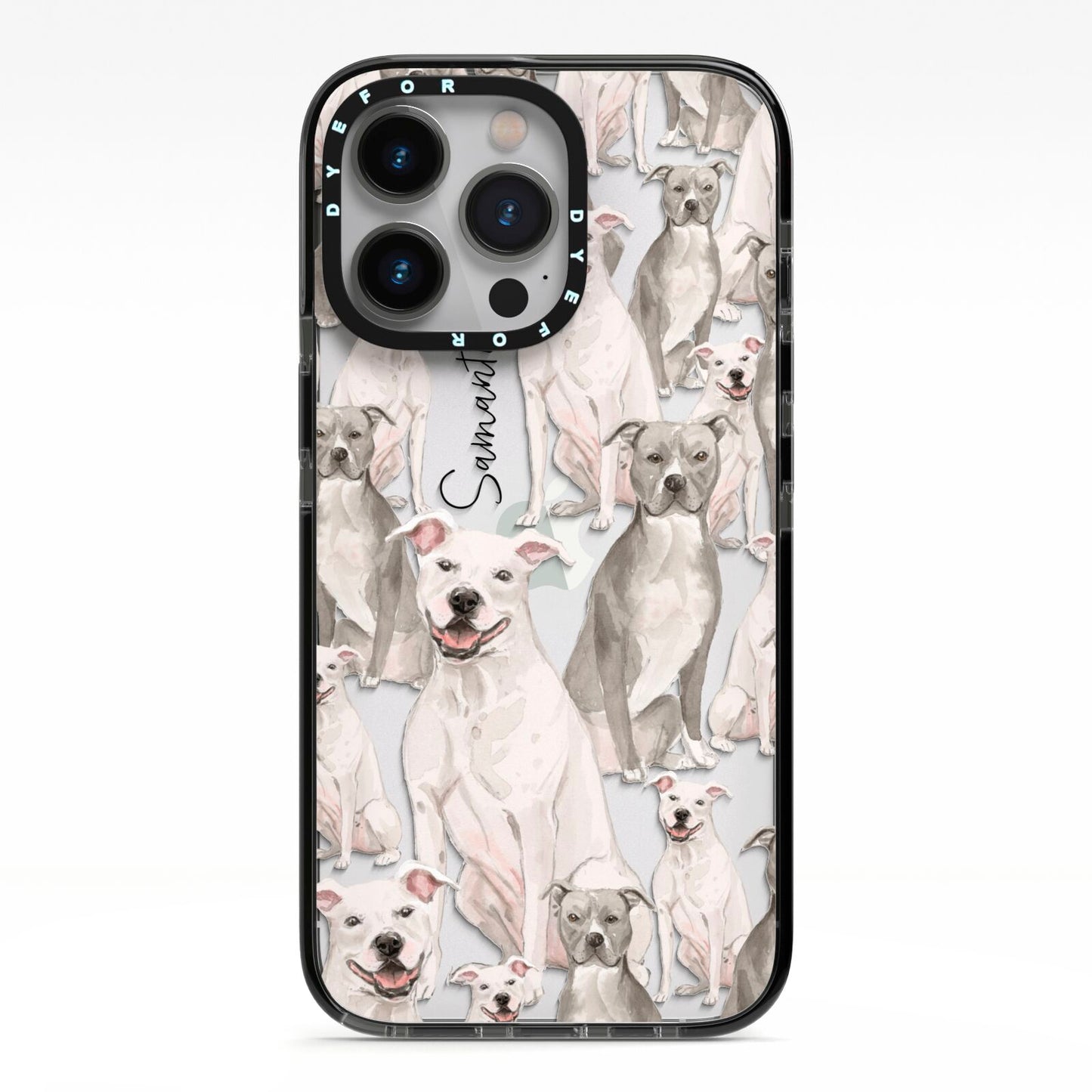 Personalised Staffordshire Dog iPhone 13 Pro Black Impact Case on Silver phone