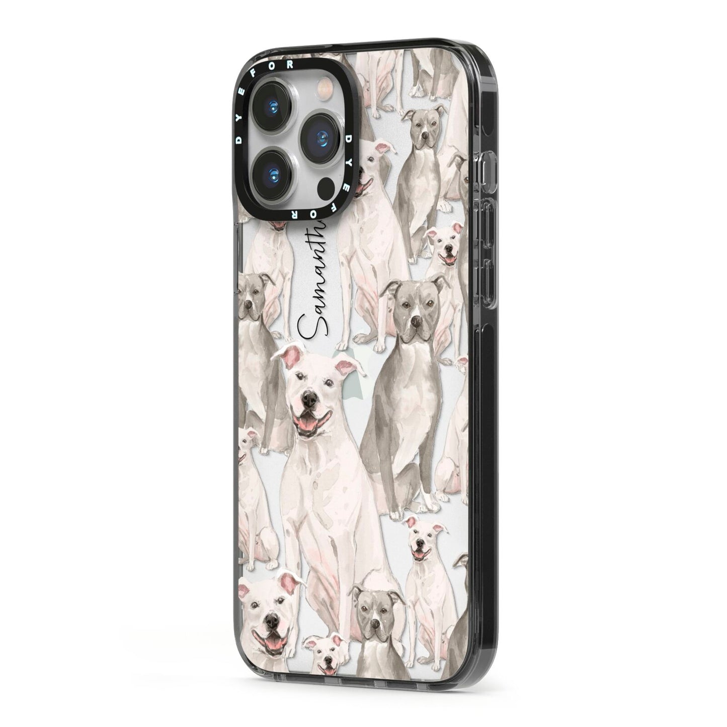 Personalised Staffordshire Dog iPhone 13 Pro Max Black Impact Case Side Angle on Silver phone