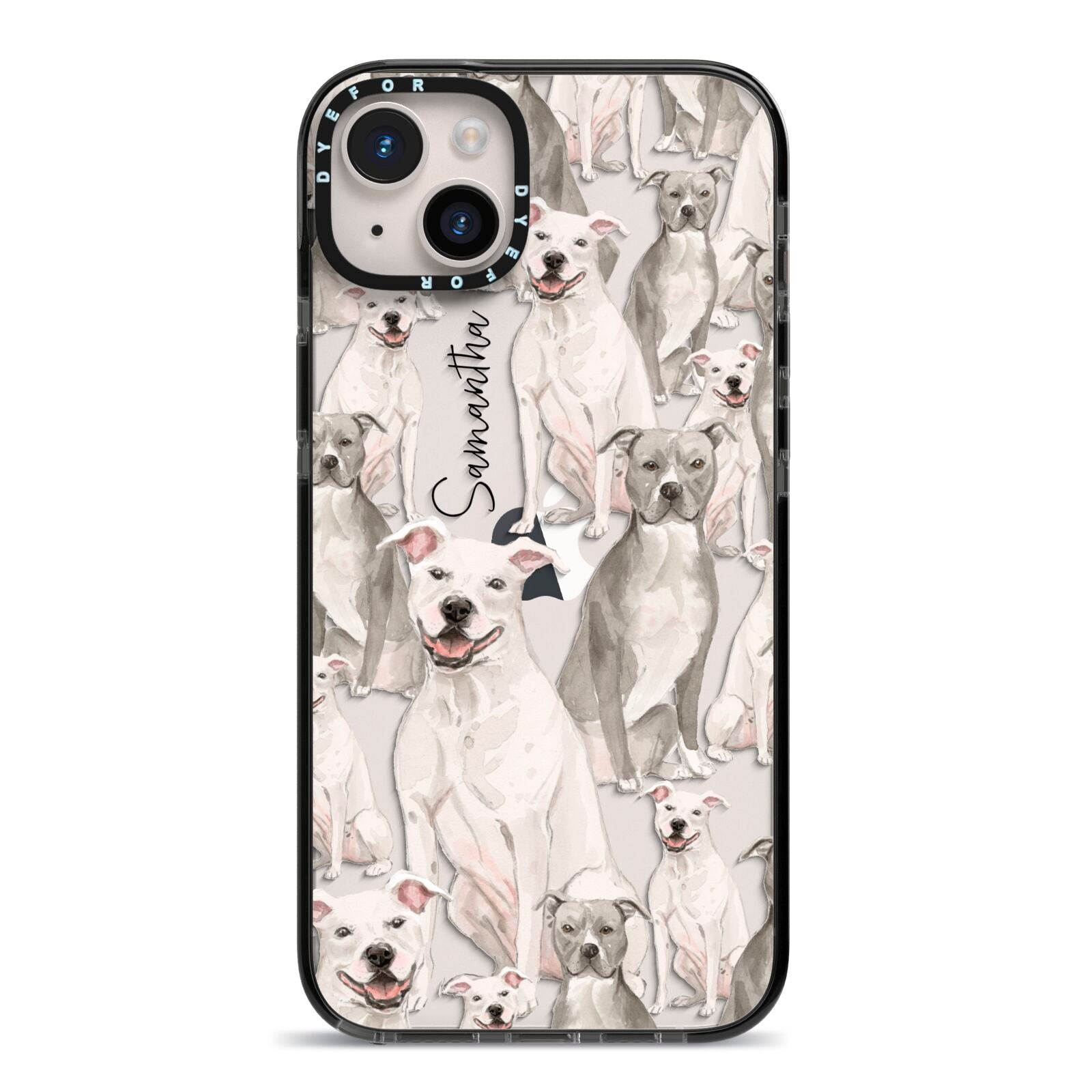 Personalised Staffordshire Dog iPhone 14 Plus Black Impact Case on Silver phone