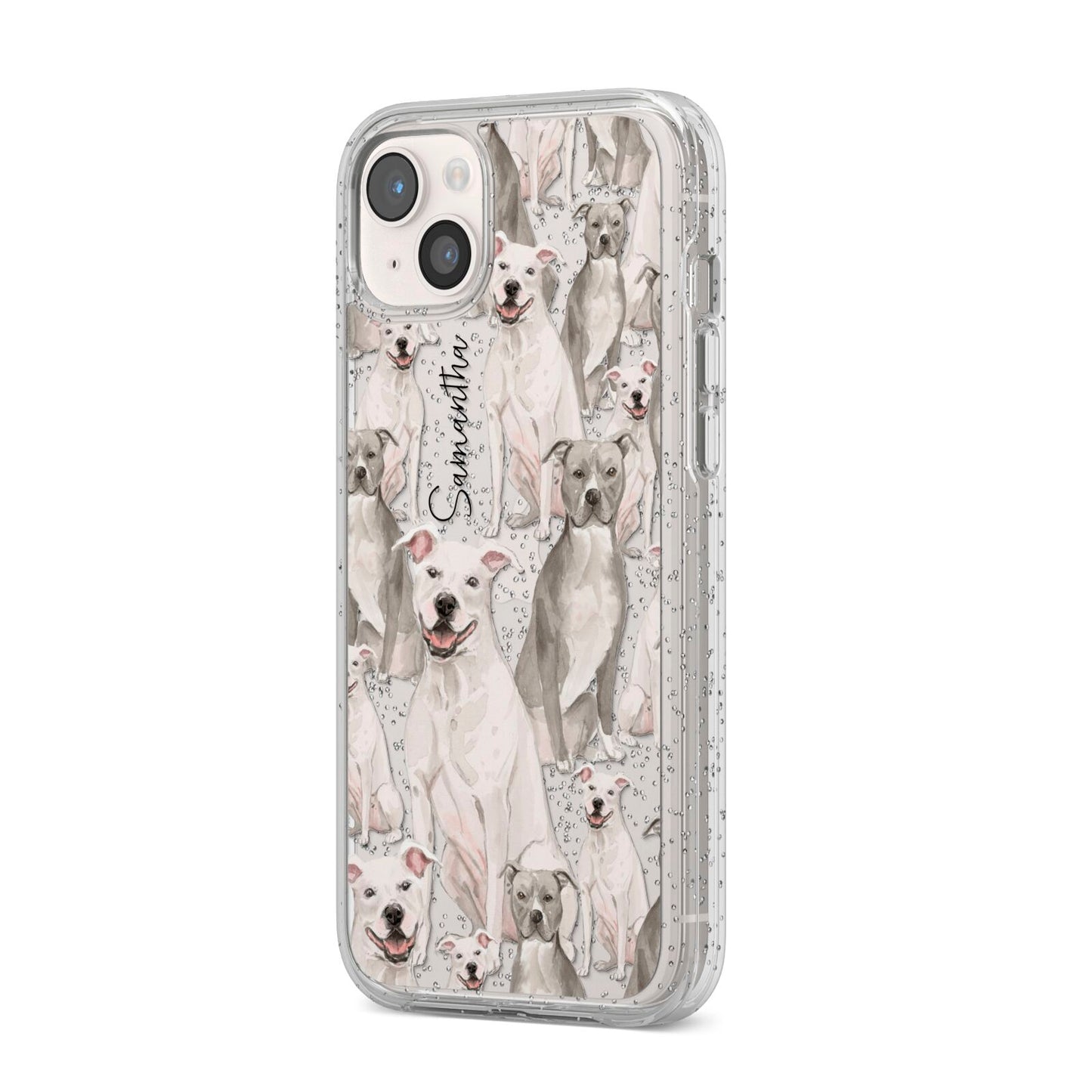 Personalised Staffordshire Dog iPhone 14 Plus Glitter Tough Case Starlight Angled Image