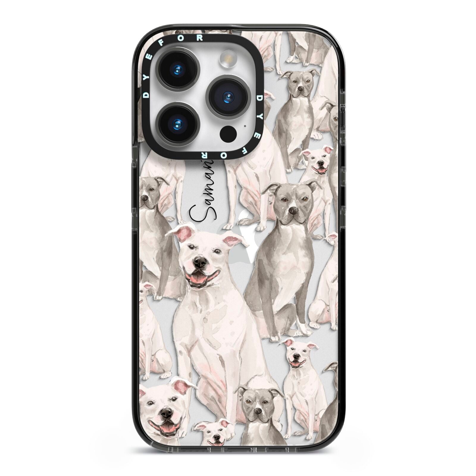 Personalised Staffordshire Dog iPhone 14 Pro Black Impact Case on Silver phone