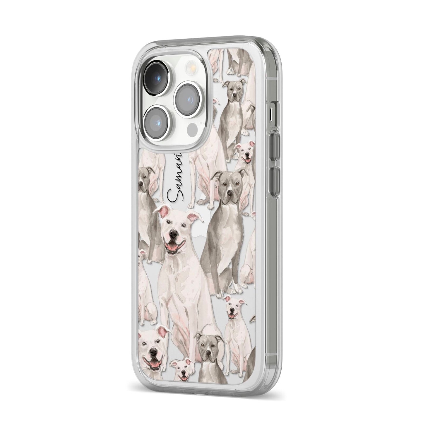 Personalised Staffordshire Dog iPhone 14 Pro Clear Tough Case Silver Angled Image