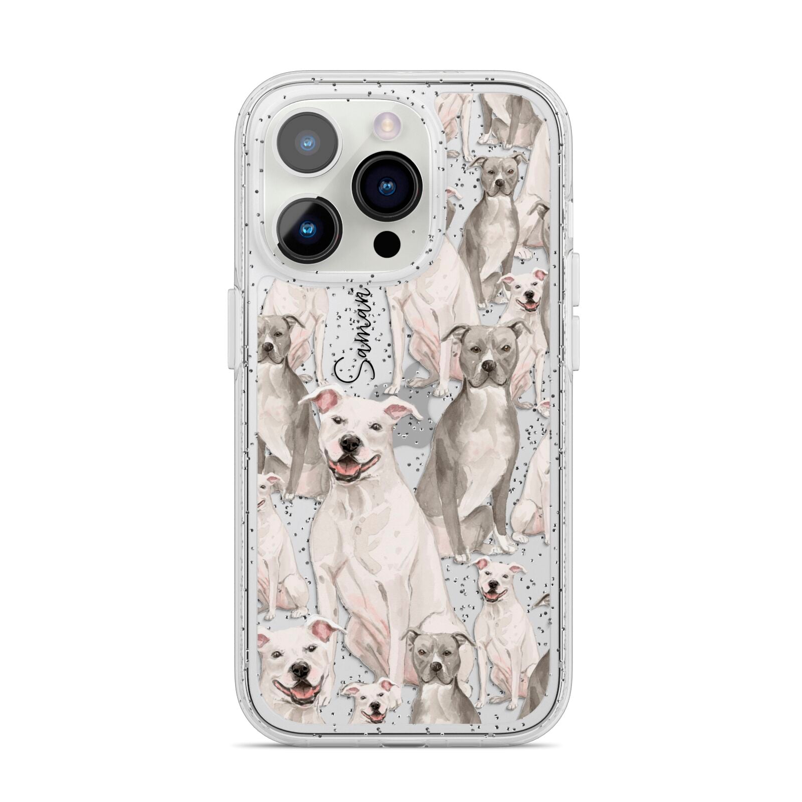 Personalised Staffordshire Dog iPhone 14 Pro Glitter Tough Case Silver