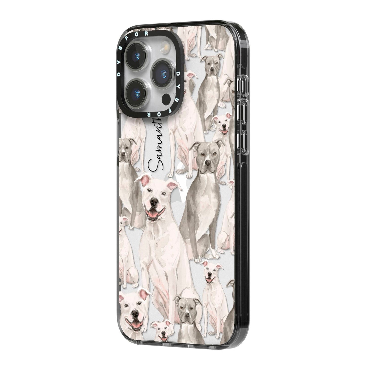 Personalised Staffordshire Dog iPhone 14 Pro Max Black Impact Case Side Angle on Silver phone