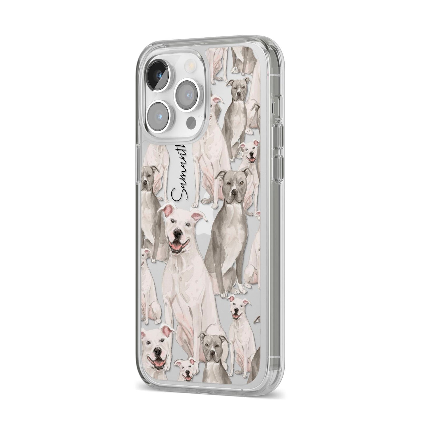 Personalised Staffordshire Dog iPhone 14 Pro Max Clear Tough Case Silver Angled Image