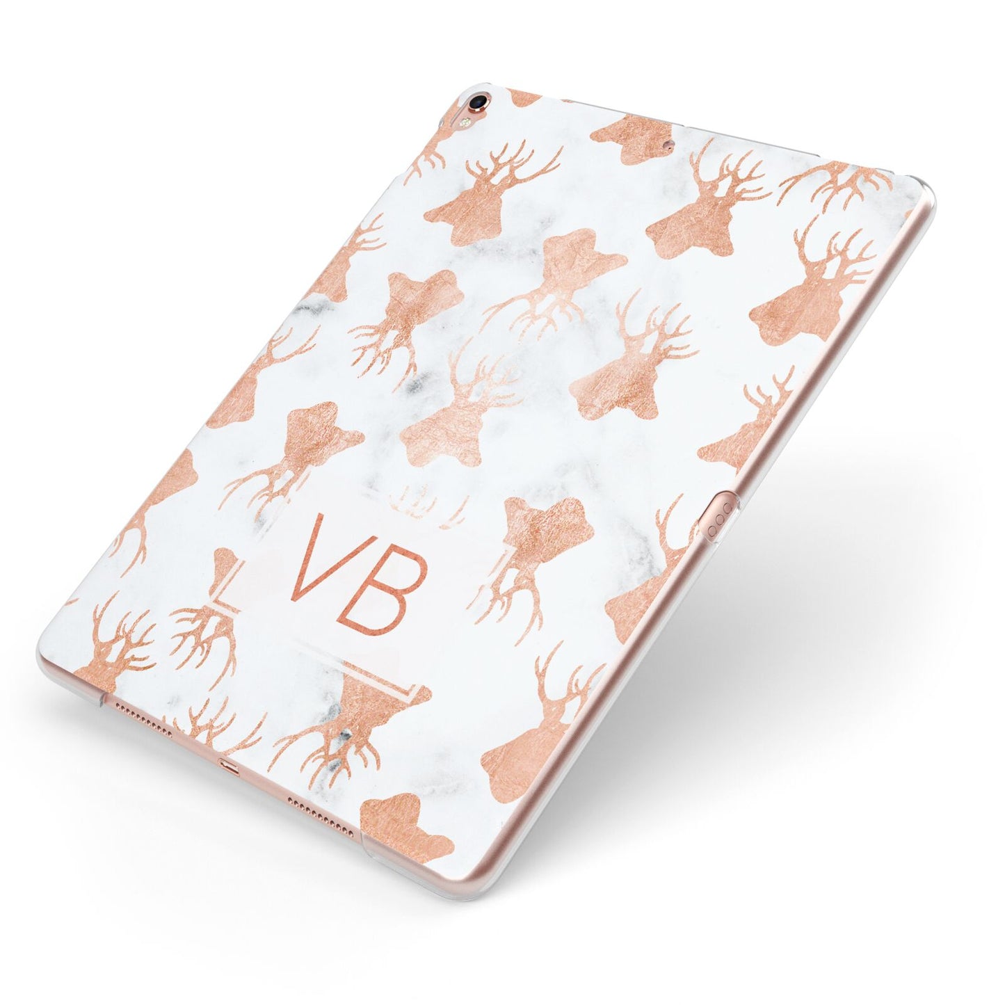 Personalised Stag Marble Initials Apple iPad Case on Rose Gold iPad Side View