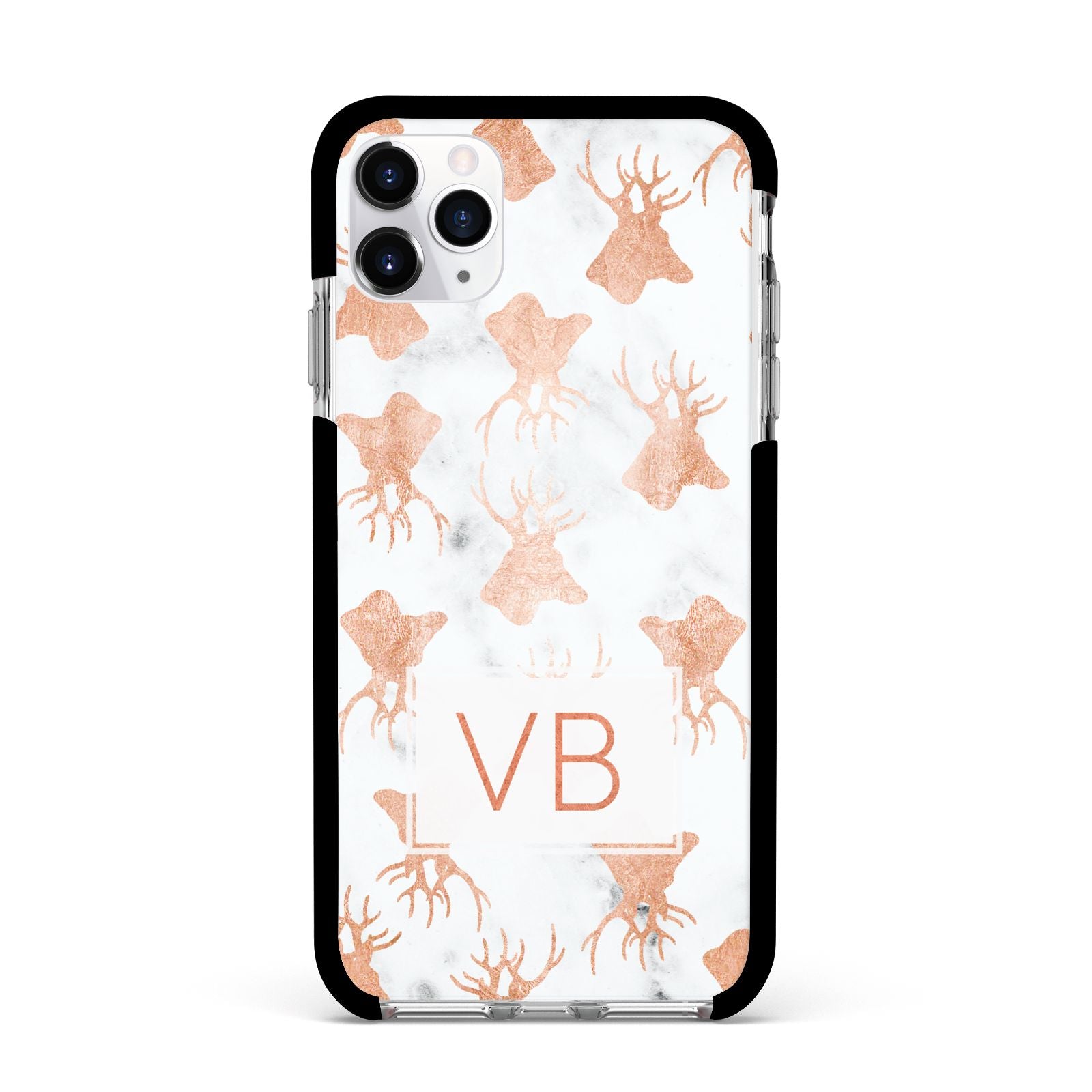 Personalised Stag Marble Initials Apple iPhone 11 Pro Max in Silver with Black Impact Case
