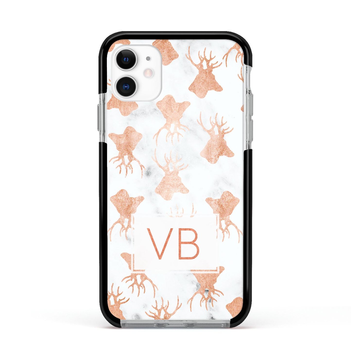 Personalised Stag Marble Initials Apple iPhone 11 in White with Black Impact Case