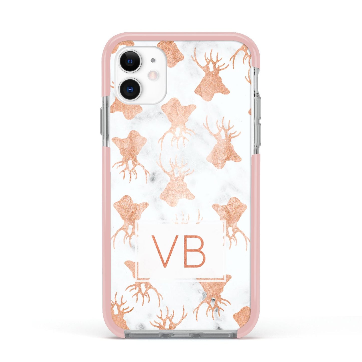 Personalised Stag Marble Initials Apple iPhone 11 in White with Pink Impact Case