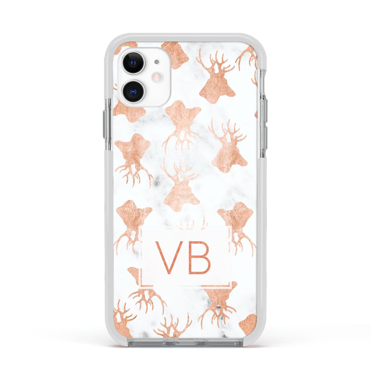 Personalised Stag Marble Initials Apple iPhone 11 in White with White Impact Case