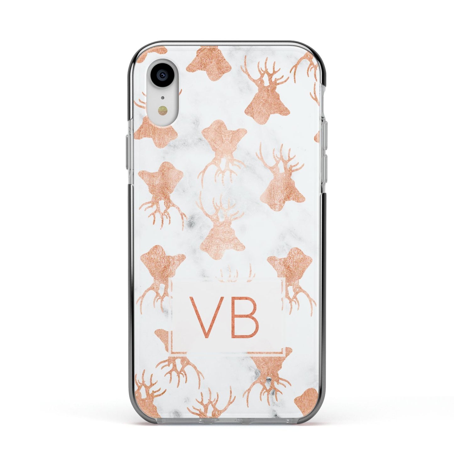Personalised Stag Marble Initials Apple iPhone XR Impact Case Black Edge on Silver Phone