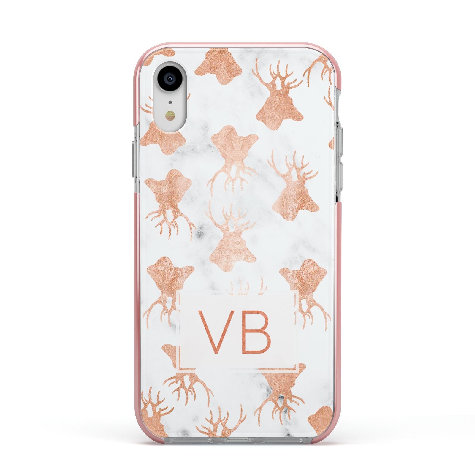 Personalised Stag Marble Initials Apple iPhone XR Impact Case Pink Edge on Silver Phone