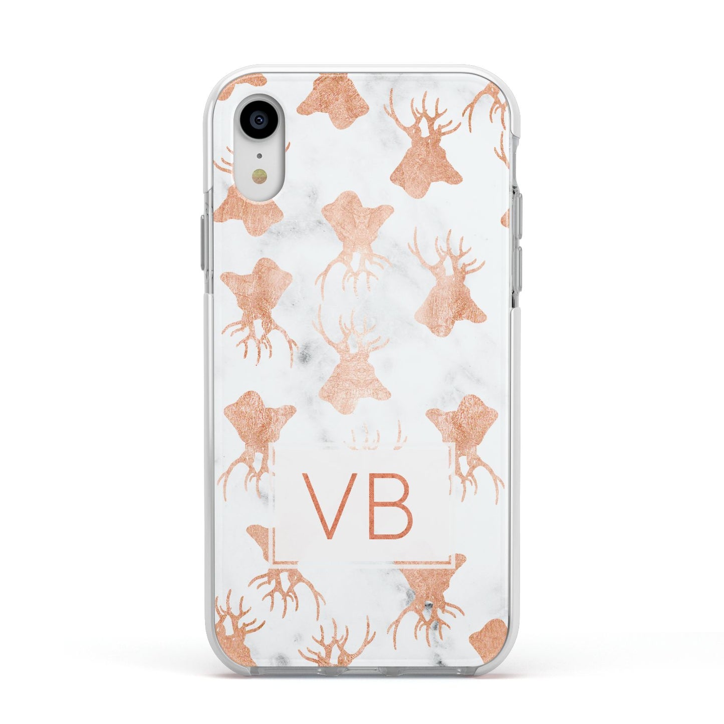 Personalised Stag Marble Initials Apple iPhone XR Impact Case White Edge on Silver Phone