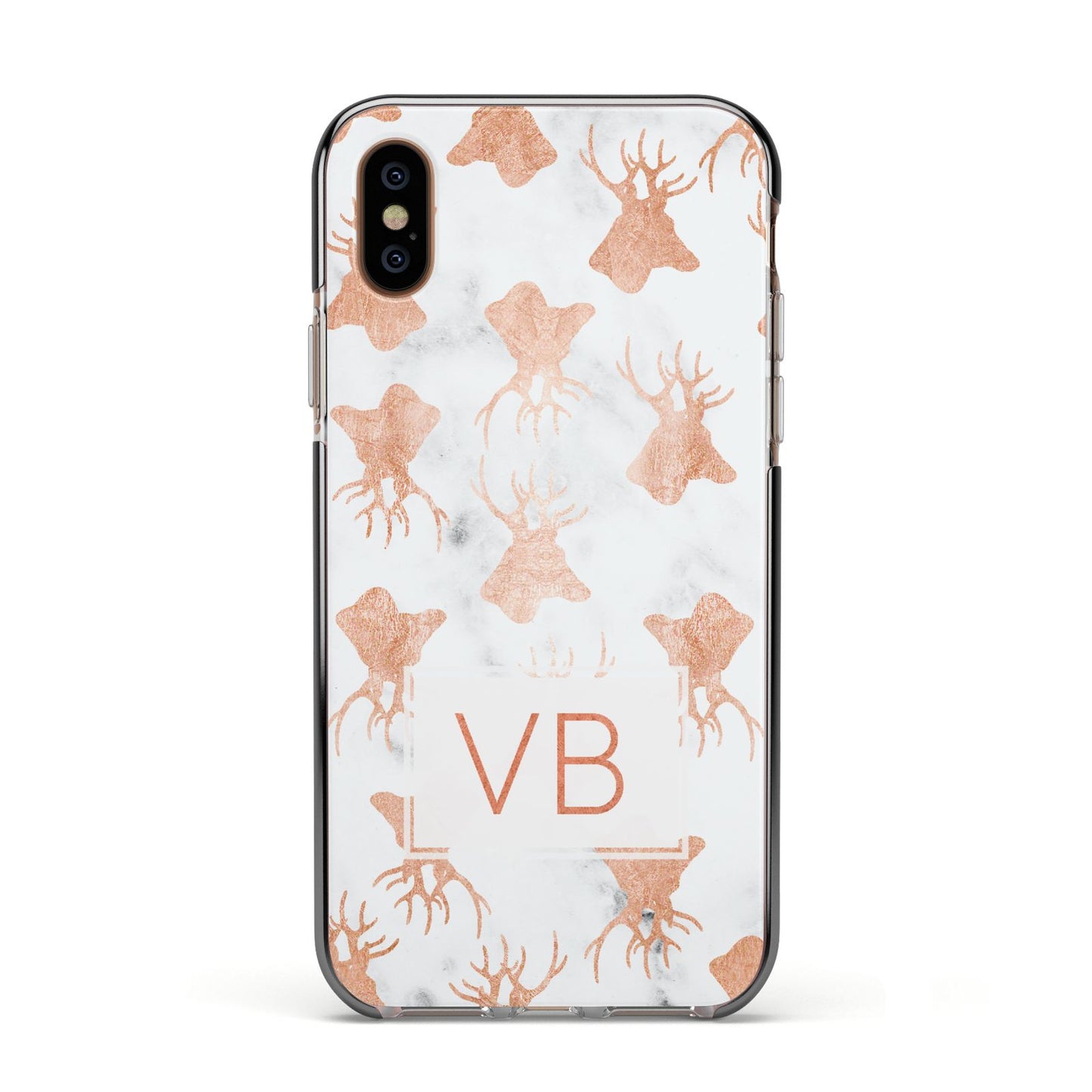 Personalised Stag Marble Initials Apple iPhone Xs Impact Case Black Edge on Gold Phone