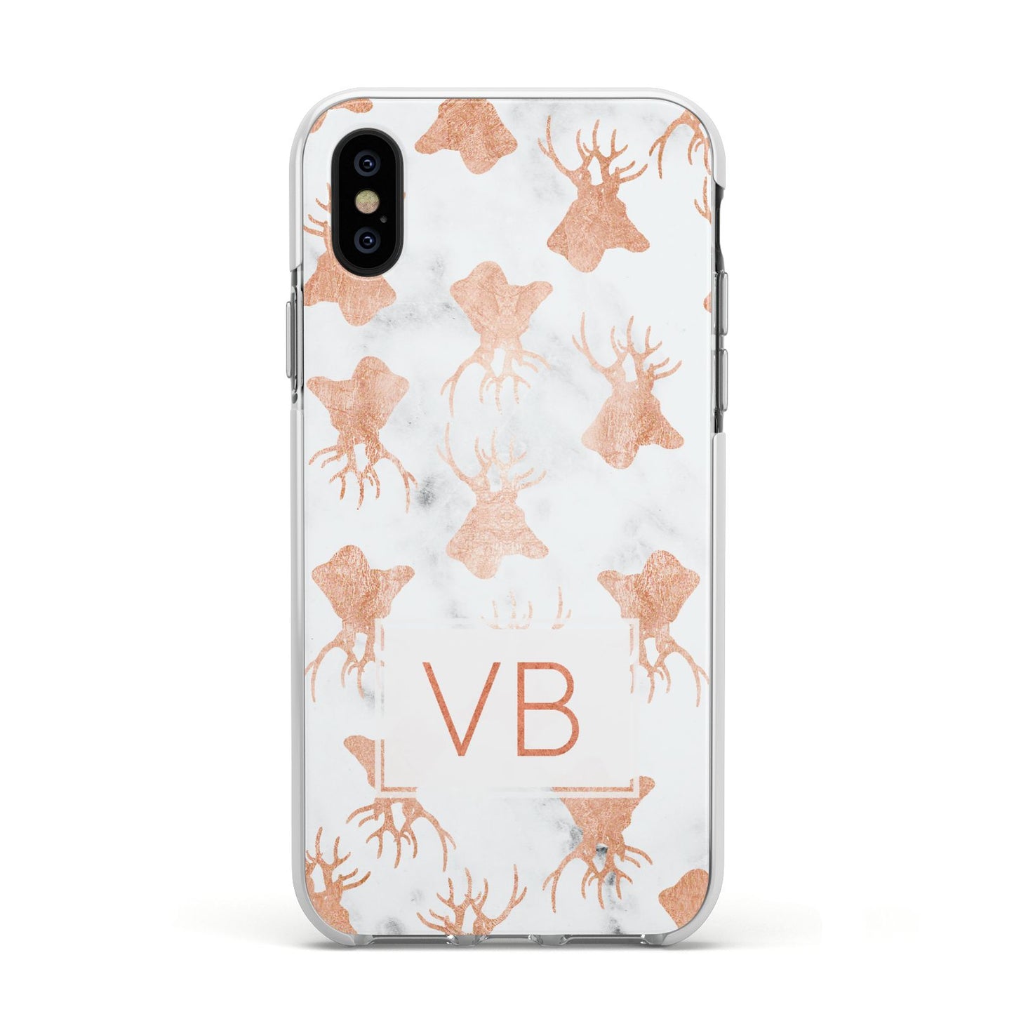 Personalised Stag Marble Initials Apple iPhone Xs Impact Case White Edge on Black Phone