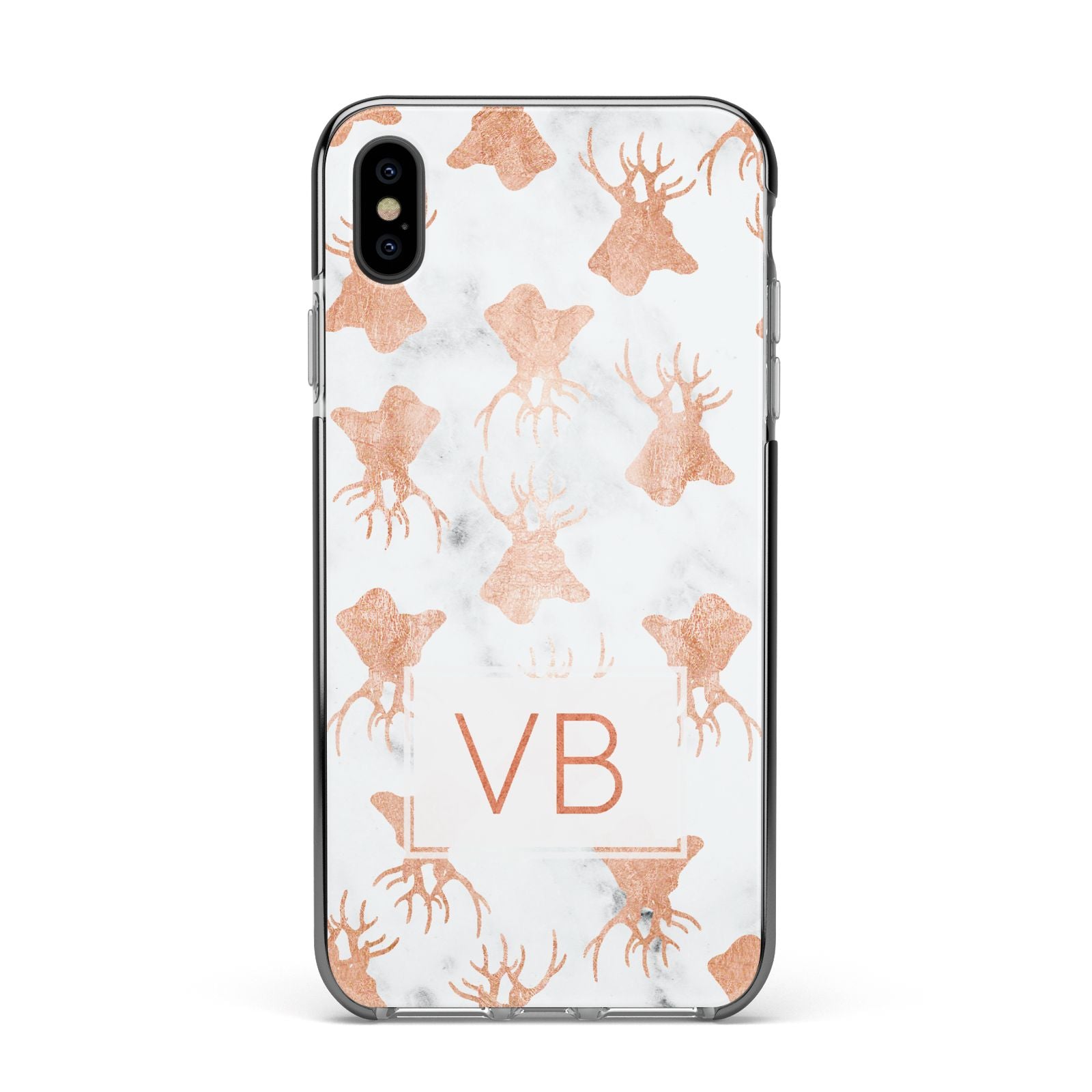 Personalised Stag Marble Initials Apple iPhone Xs Max Impact Case Black Edge on Black Phone