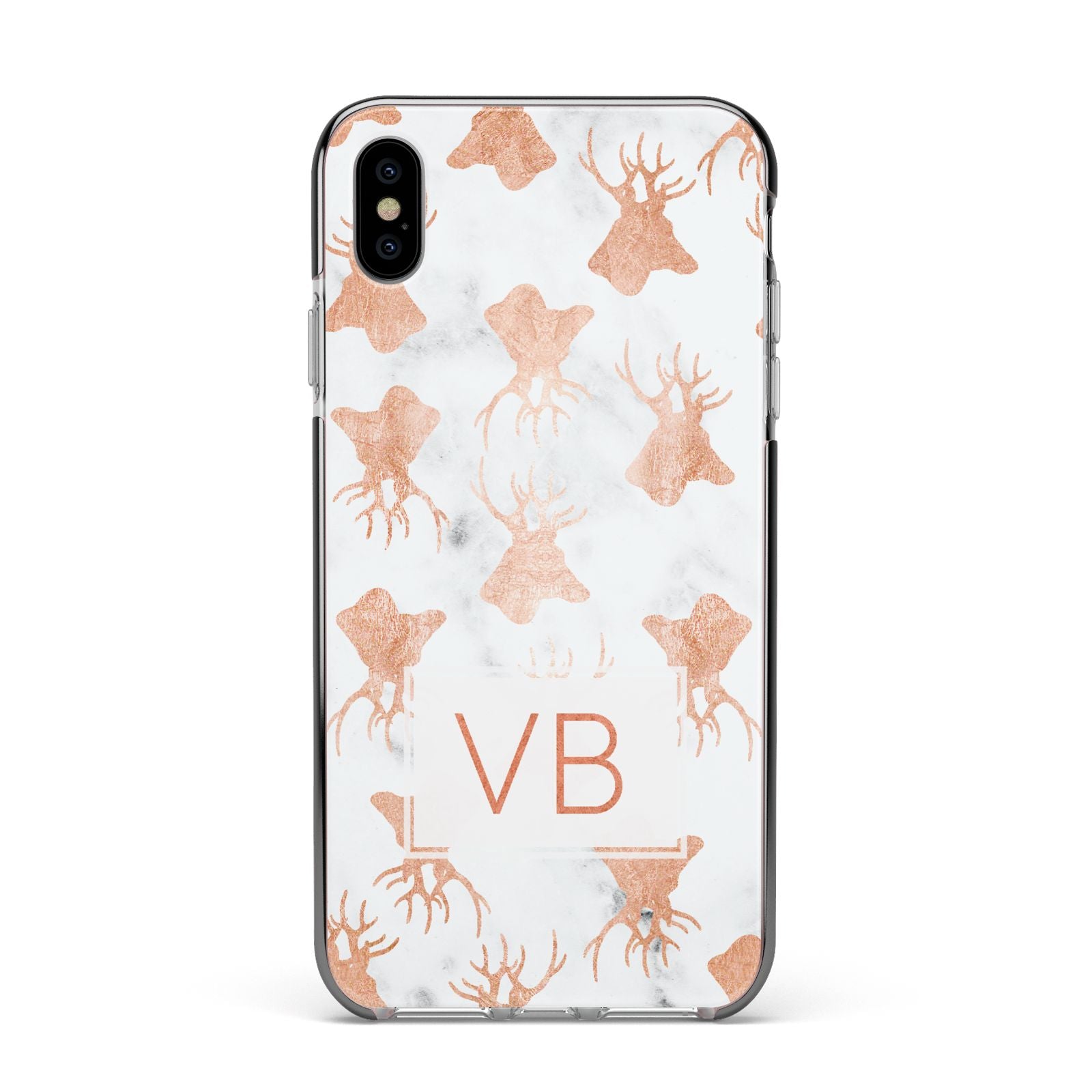 Personalised Stag Marble Initials Apple iPhone Xs Max Impact Case Black Edge on Silver Phone