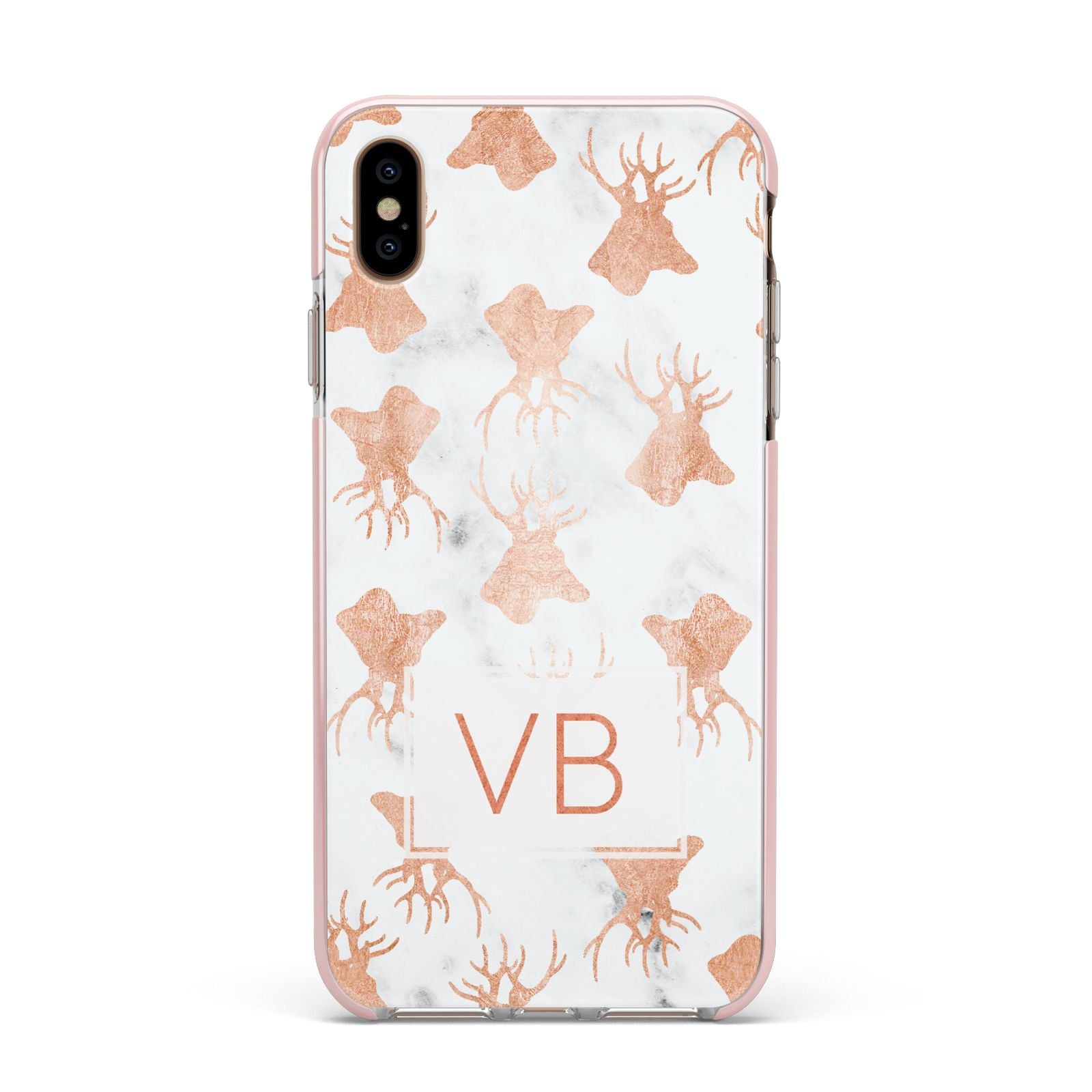 Personalised Stag Marble Initials Apple iPhone Xs Max Impact Case Pink Edge on Gold Phone