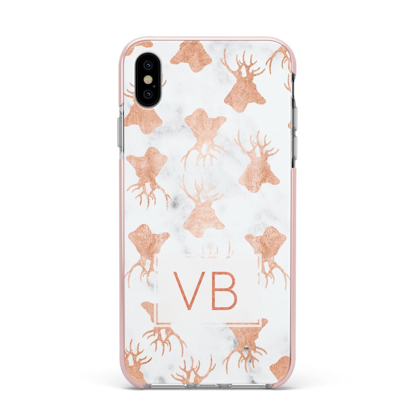 Personalised Stag Marble Initials Apple iPhone Xs Max Impact Case Pink Edge on Silver Phone