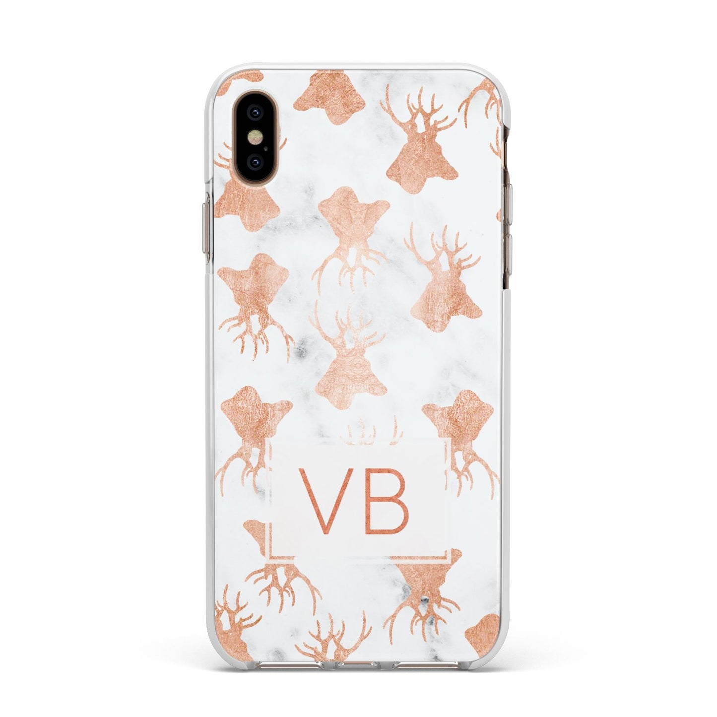 Personalised Stag Marble Initials Apple iPhone Xs Max Impact Case White Edge on Gold Phone