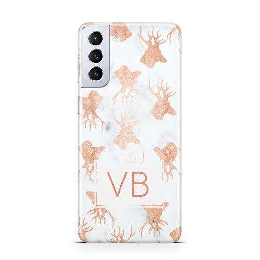 Personalised Stag Marble Initials Samsung S21 Plus Phone Case