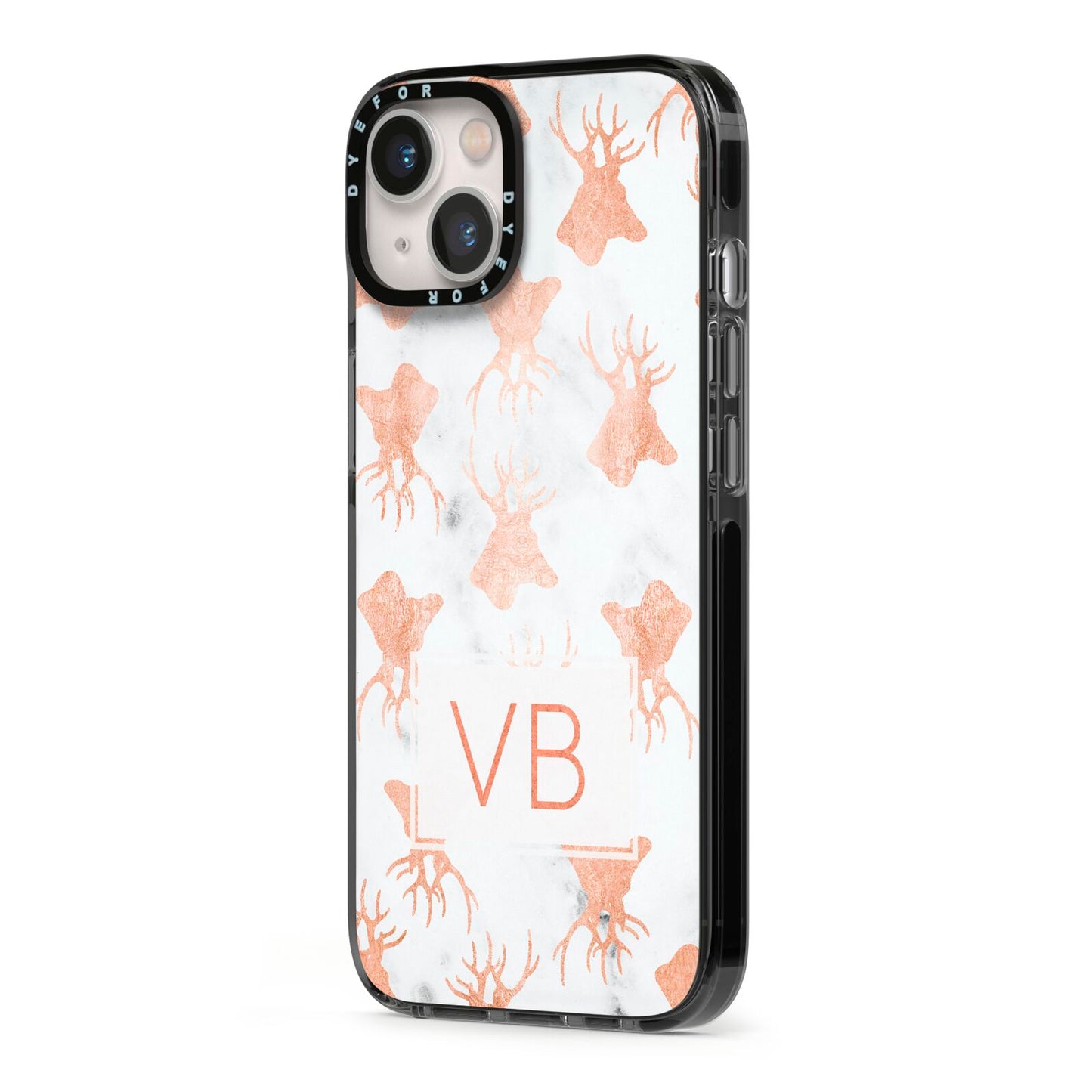 Personalised Stag Marble Initials iPhone 13 Black Impact Case Side Angle on Silver phone
