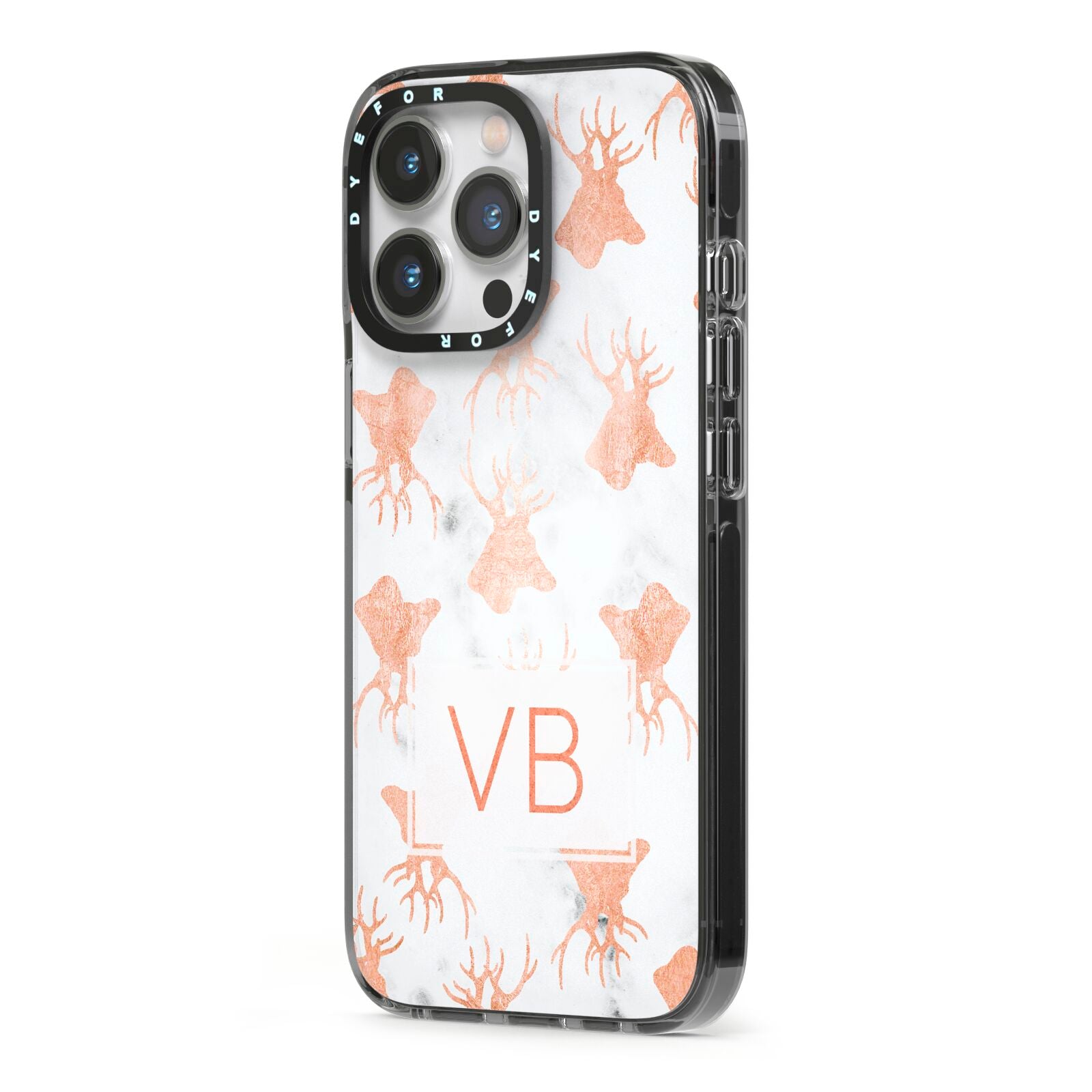 Personalised Stag Marble Initials iPhone 13 Pro Black Impact Case Side Angle on Silver phone