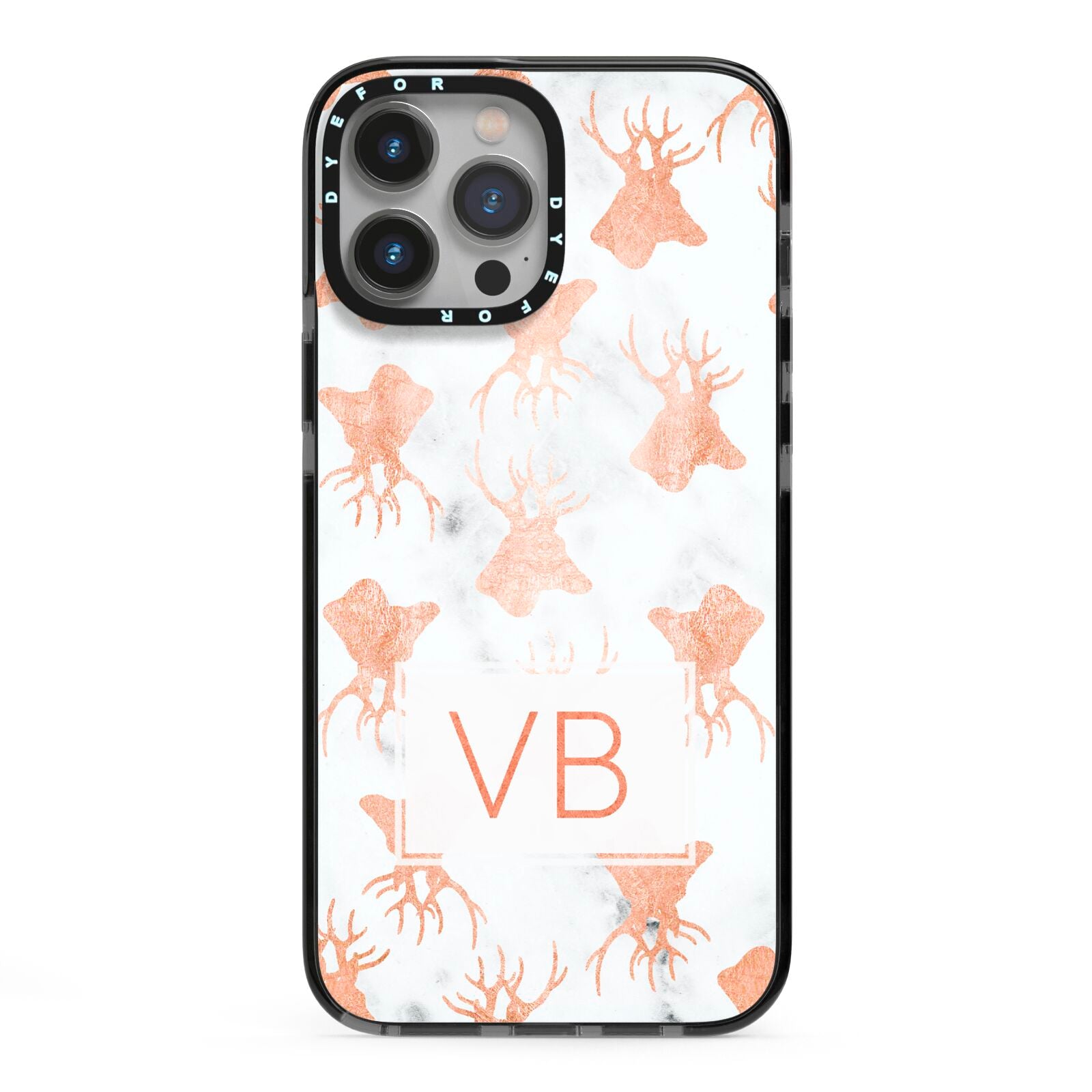 Personalised Stag Marble Initials iPhone 13 Pro Max Black Impact Case on Silver phone