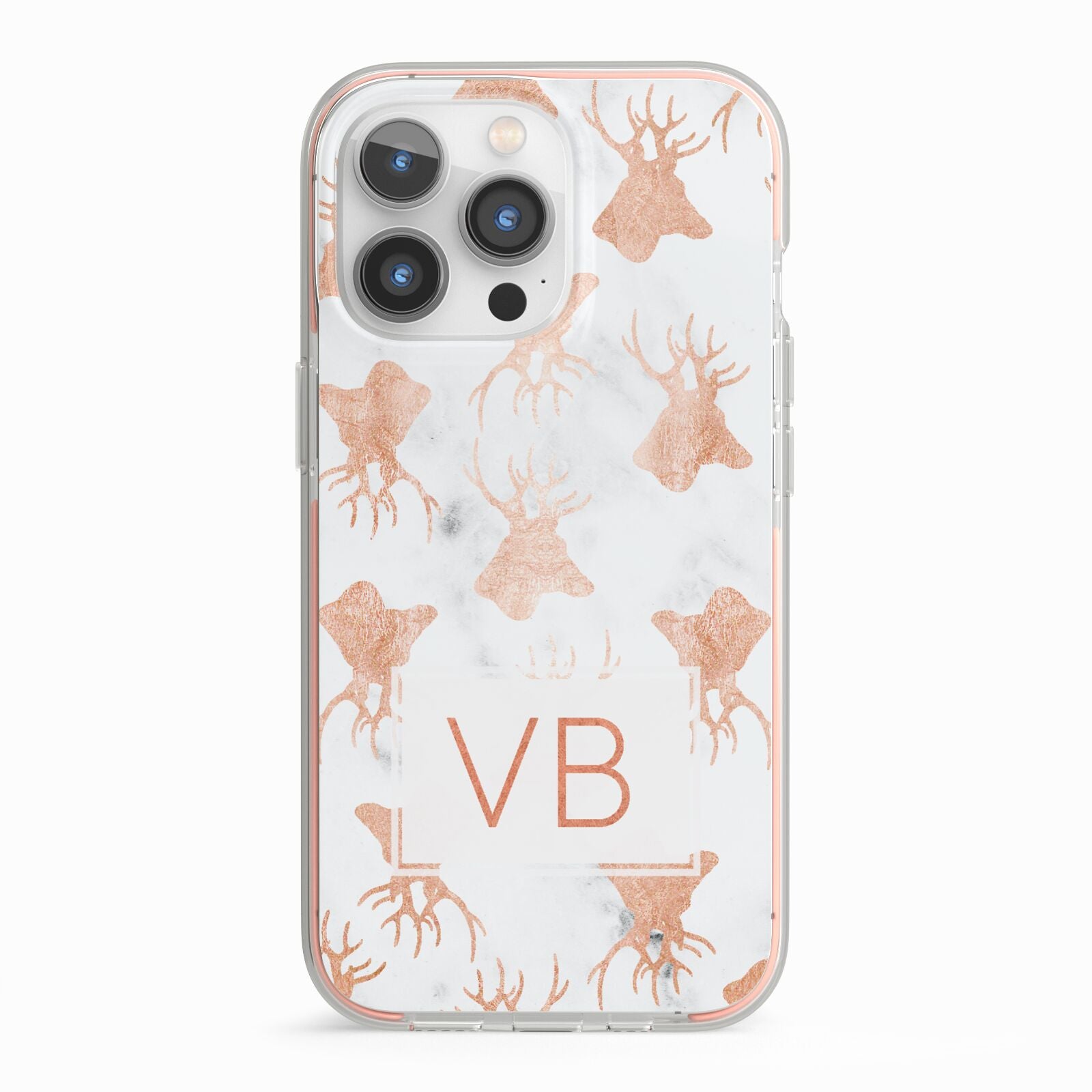 Personalised Stag Marble Initials iPhone 13 Pro TPU Impact Case with Pink Edges