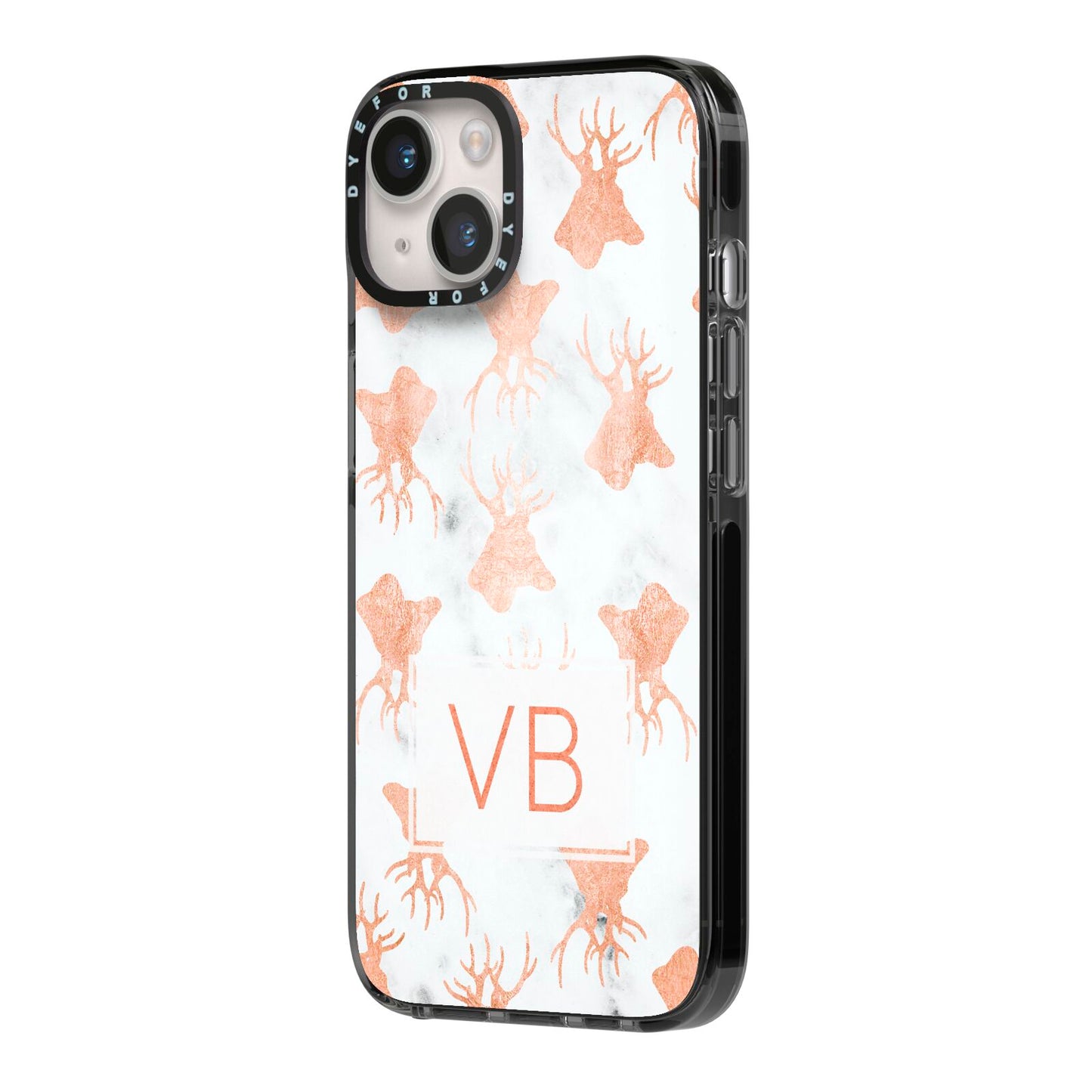 Personalised Stag Marble Initials iPhone 14 Black Impact Case Side Angle on Silver phone