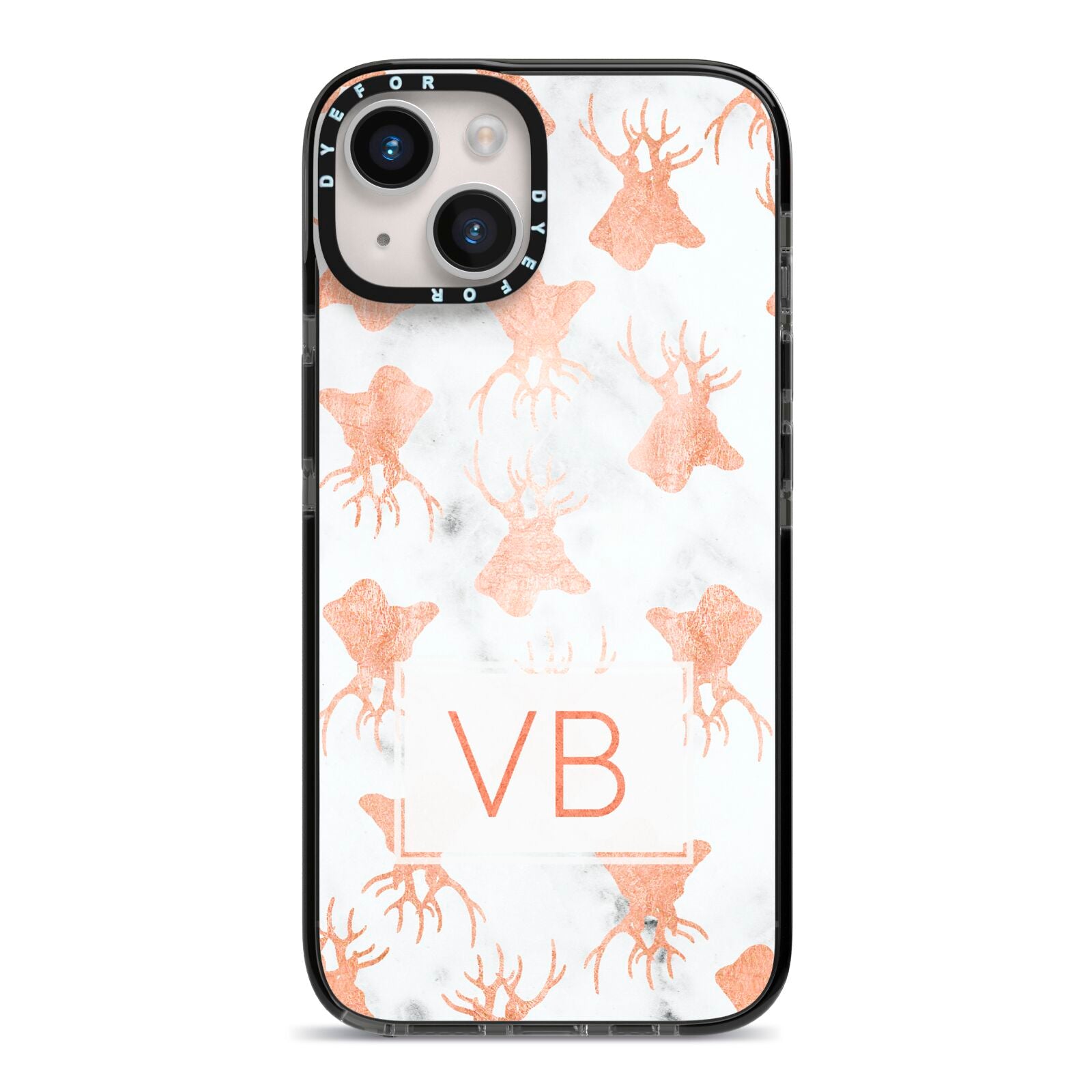 Personalised Stag Marble Initials iPhone 14 Black Impact Case on Silver phone