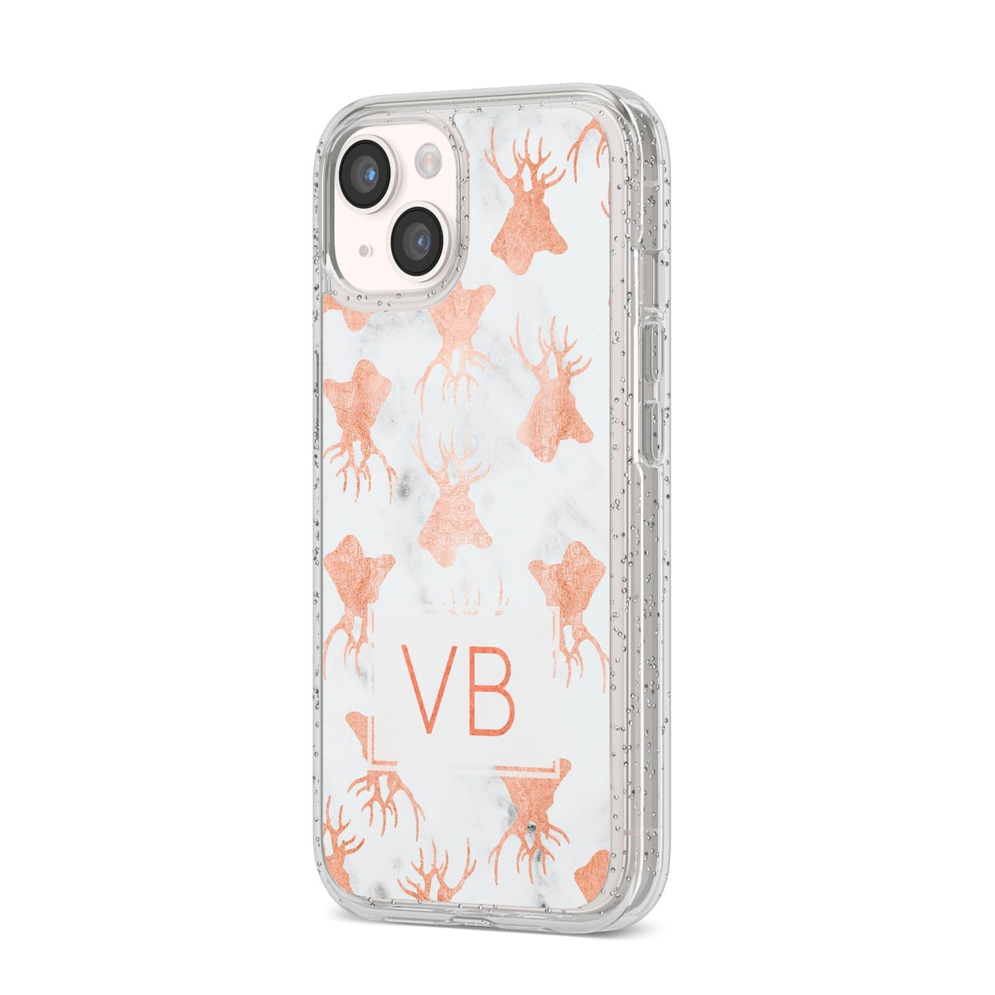 Personalised Stag Marble Initials iPhone 14 Glitter Tough Case Starlight Angled Image