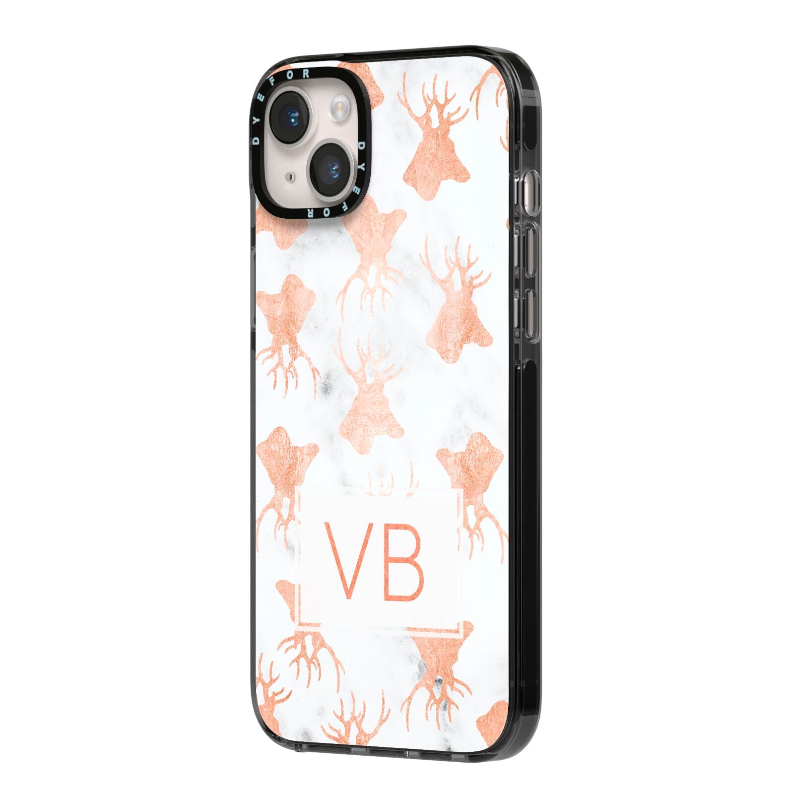 Personalised Stag Marble Initials iPhone 14 Plus Black Impact Case Side Angle on Silver phone