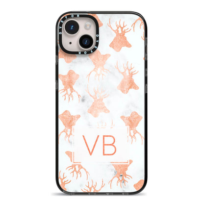 Personalised Stag Marble Initials iPhone 14 Plus Black Impact Case on Silver phone