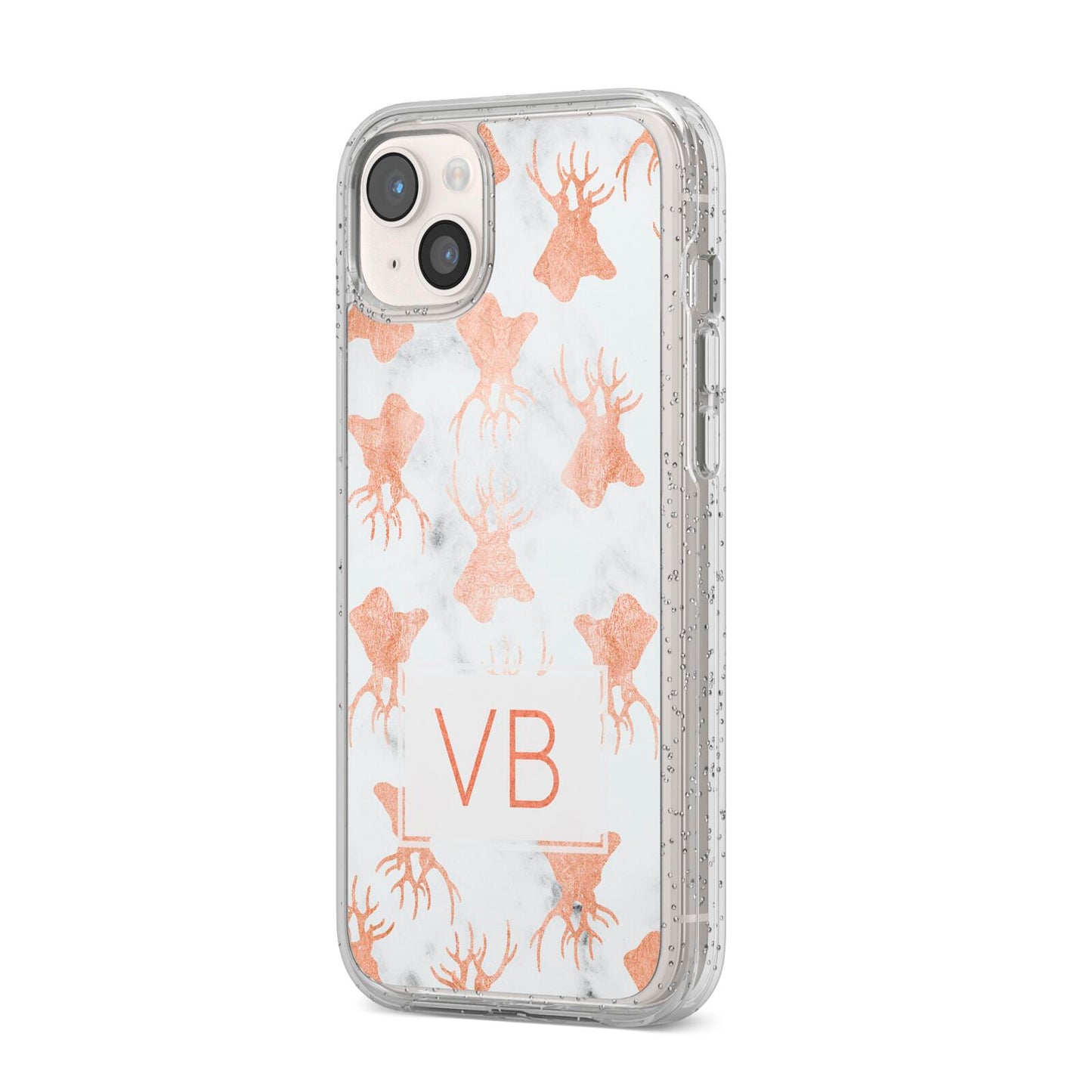 Personalised Stag Marble Initials iPhone 14 Plus Glitter Tough Case Starlight Angled Image
