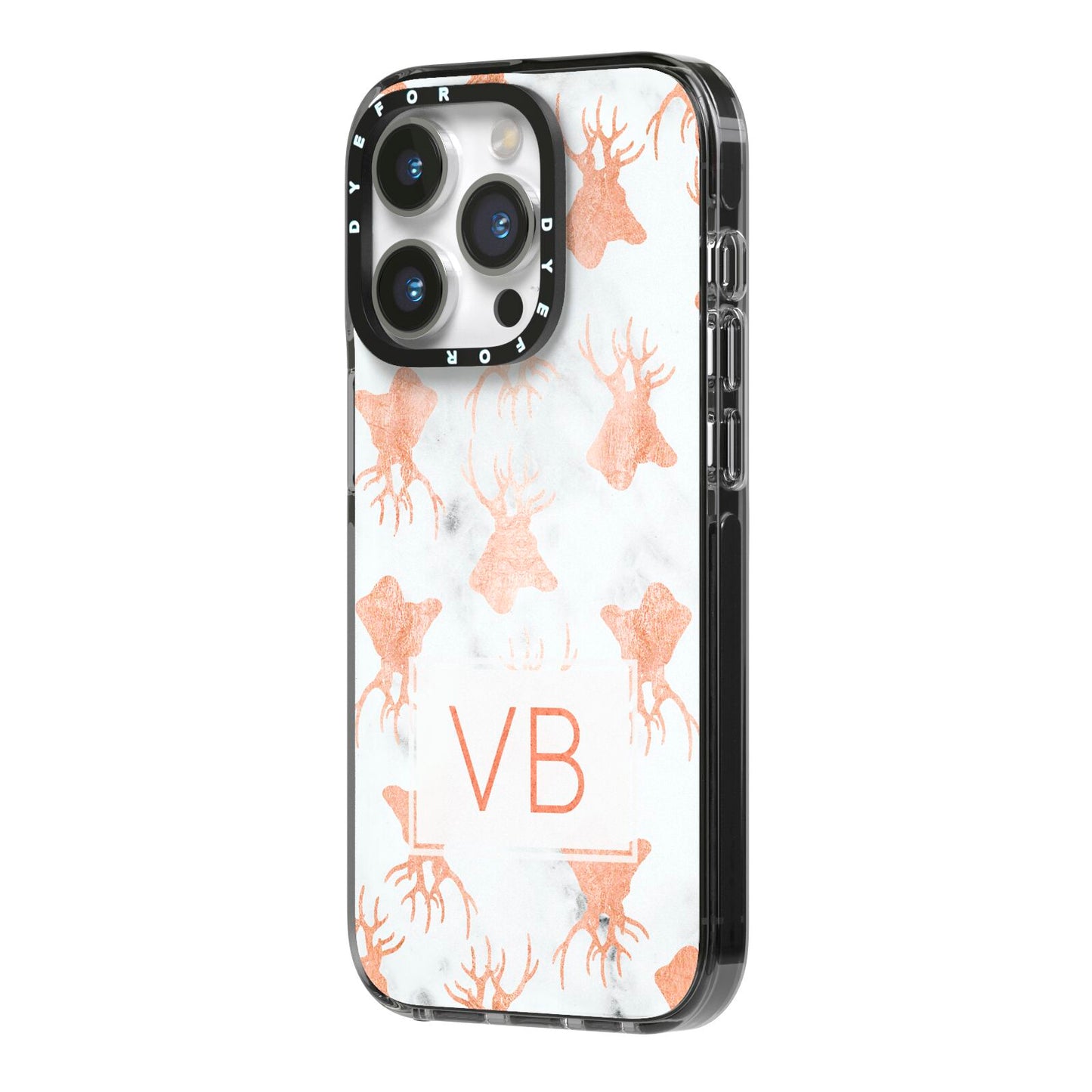 Personalised Stag Marble Initials iPhone 14 Pro Black Impact Case Side Angle on Silver phone