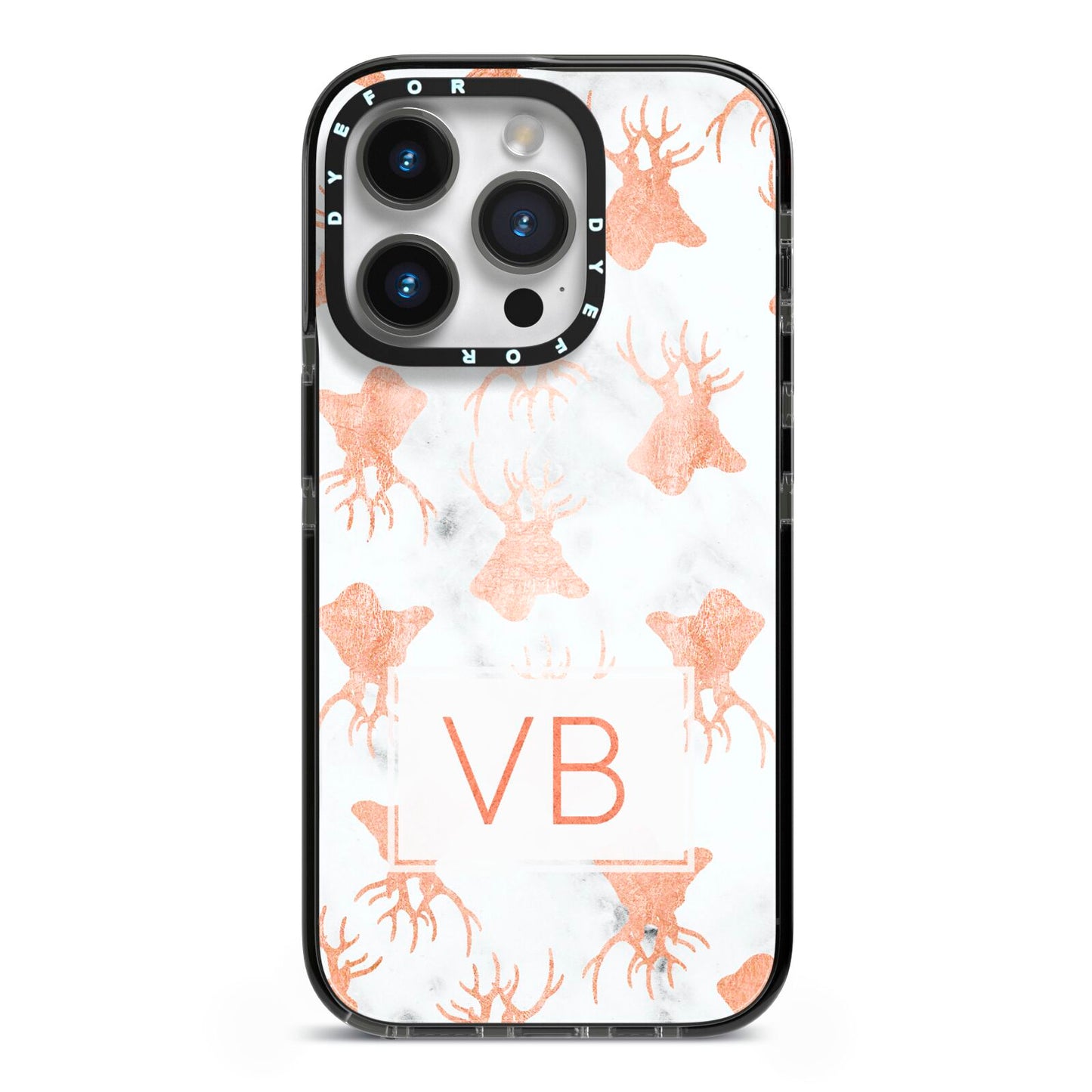 Personalised Stag Marble Initials iPhone 14 Pro Black Impact Case on Silver phone