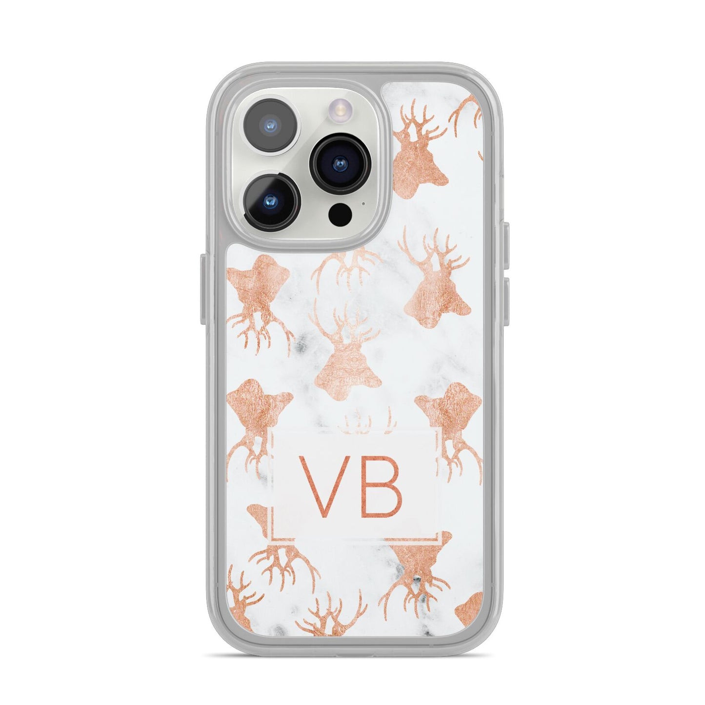 Personalised Stag Marble Initials iPhone 14 Pro Clear Tough Case Silver