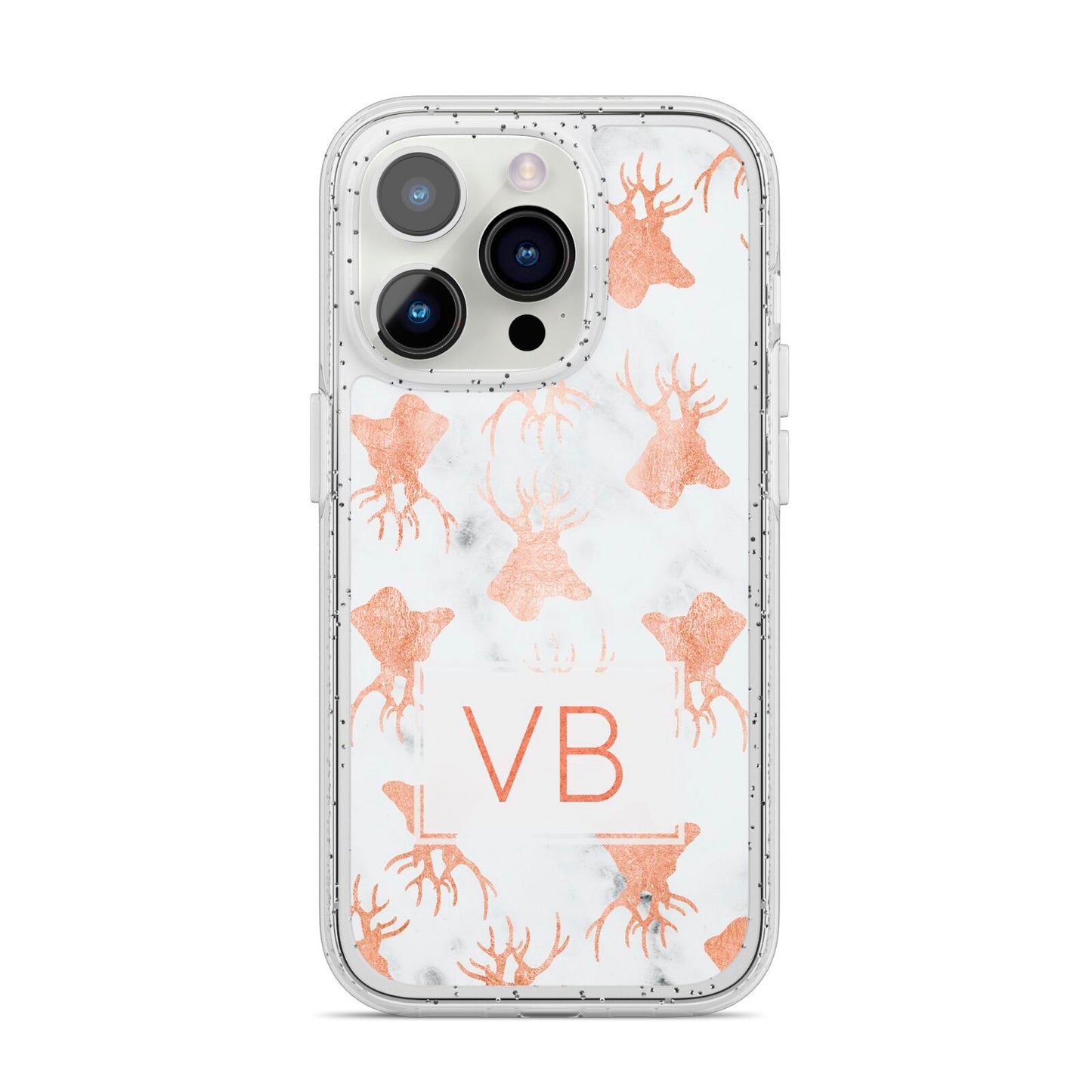 Personalised Stag Marble Initials iPhone 14 Pro Glitter Tough Case Silver