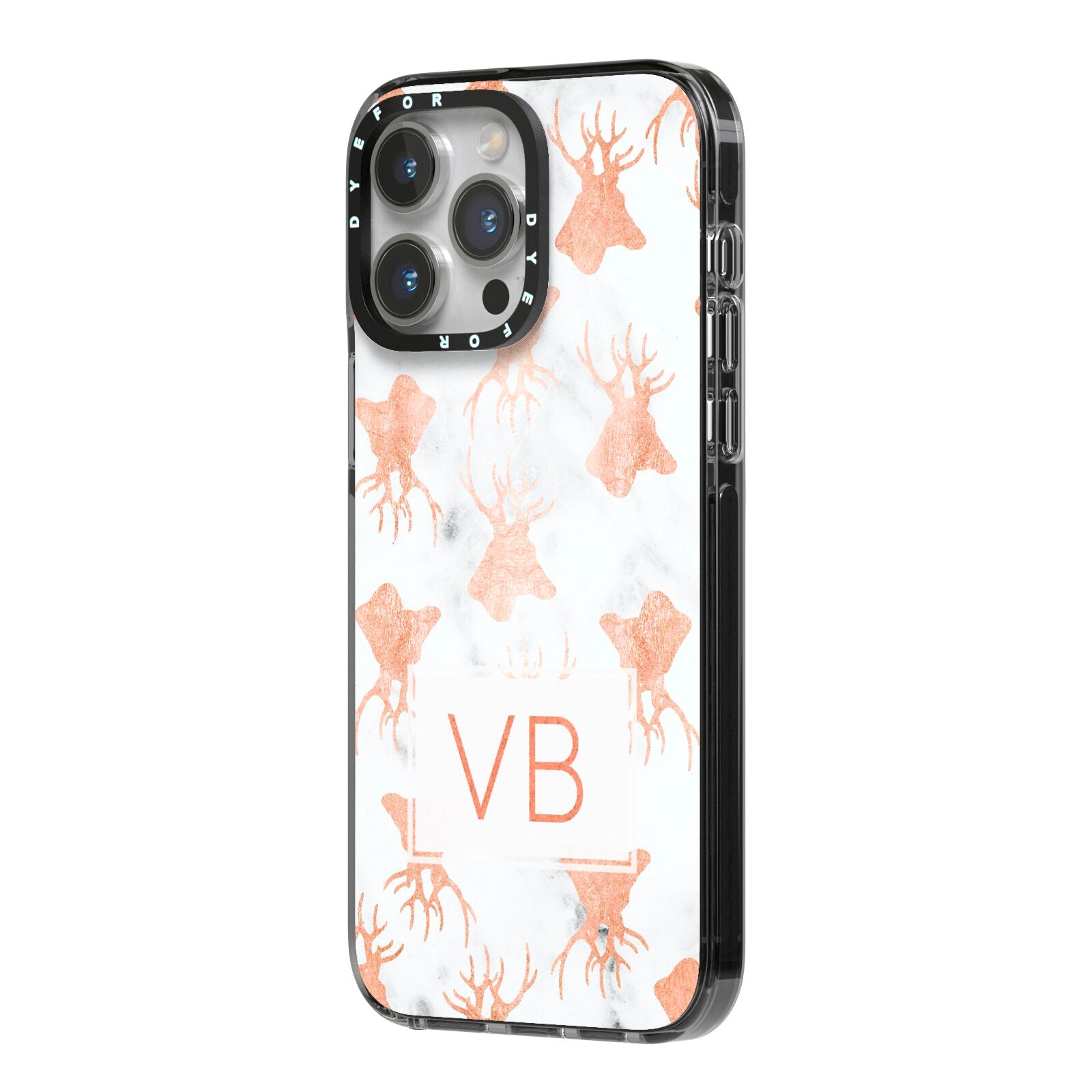 Personalised Stag Marble Initials iPhone 14 Pro Max Black Impact Case Side Angle on Silver phone