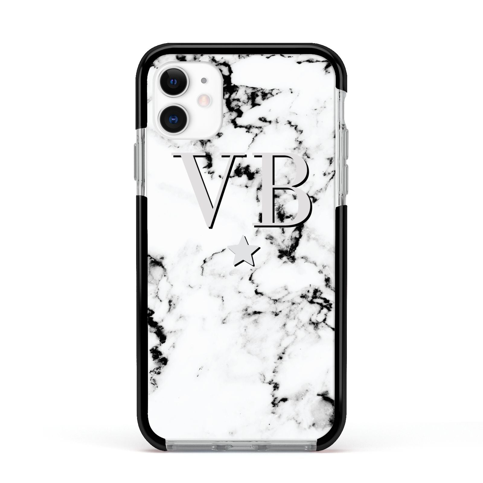 Personalised Star Marble Initialed Grey Apple iPhone 11 in White with Black Impact Case