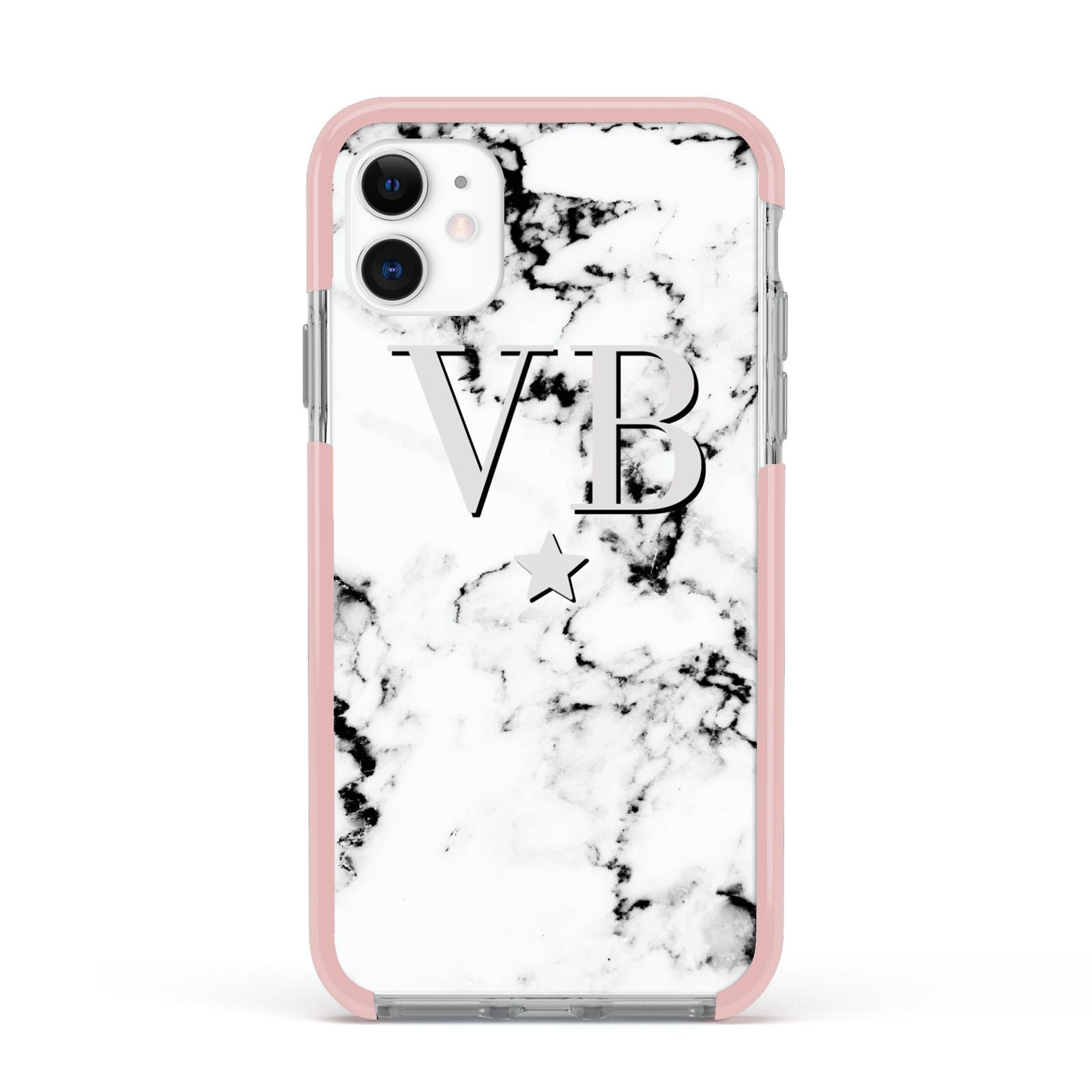 Personalised Star Marble Initialed Grey Apple iPhone 11 in White with Pink Impact Case
