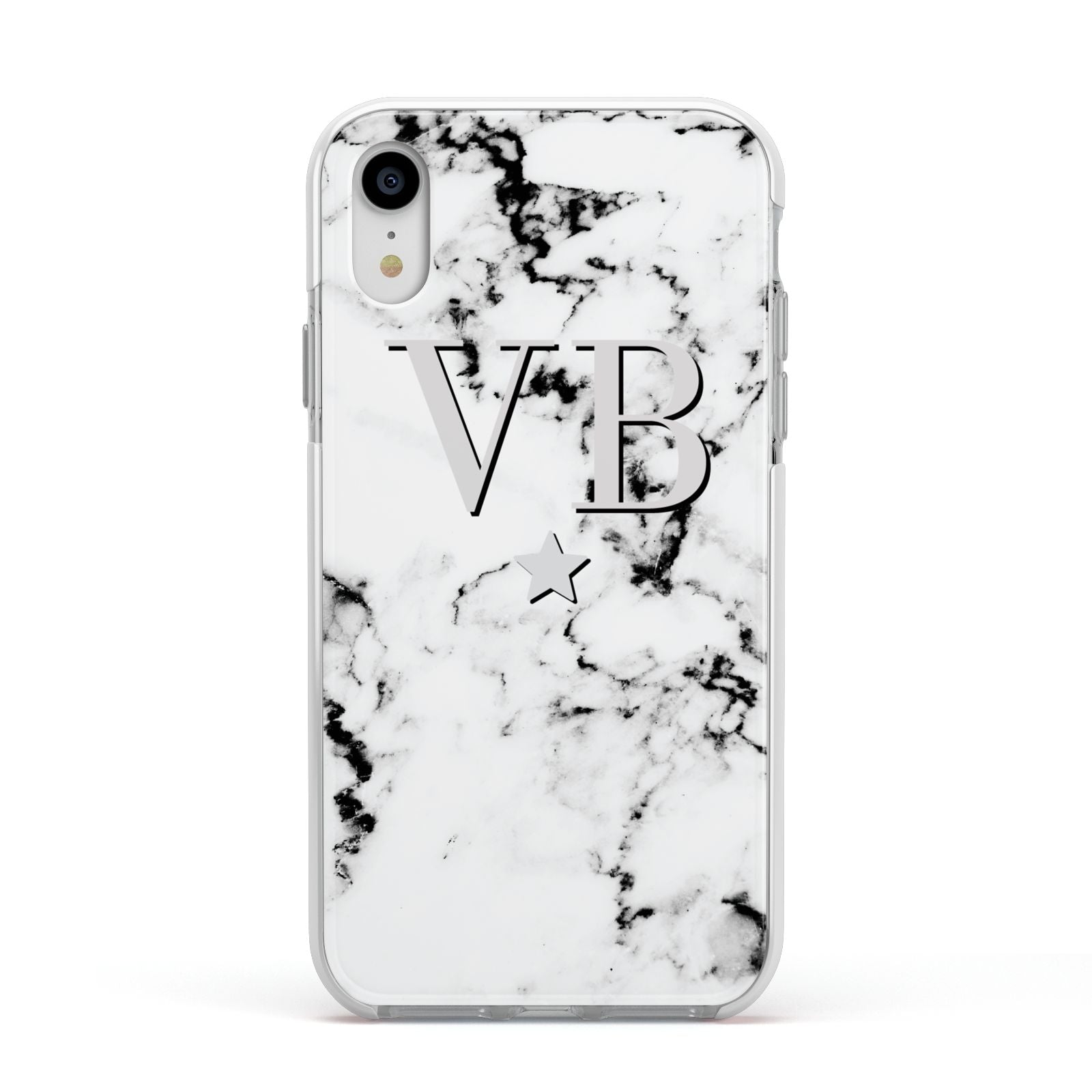 Personalised Star Marble Initialed Grey Apple iPhone XR Impact Case White Edge on Silver Phone