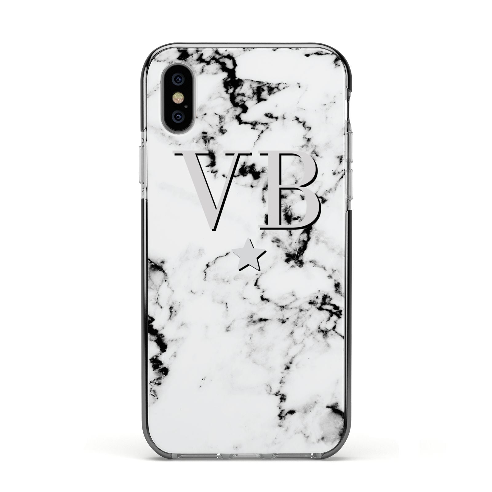 Personalised Star Marble Initialed Grey Apple iPhone Xs Impact Case Black Edge on Silver Phone