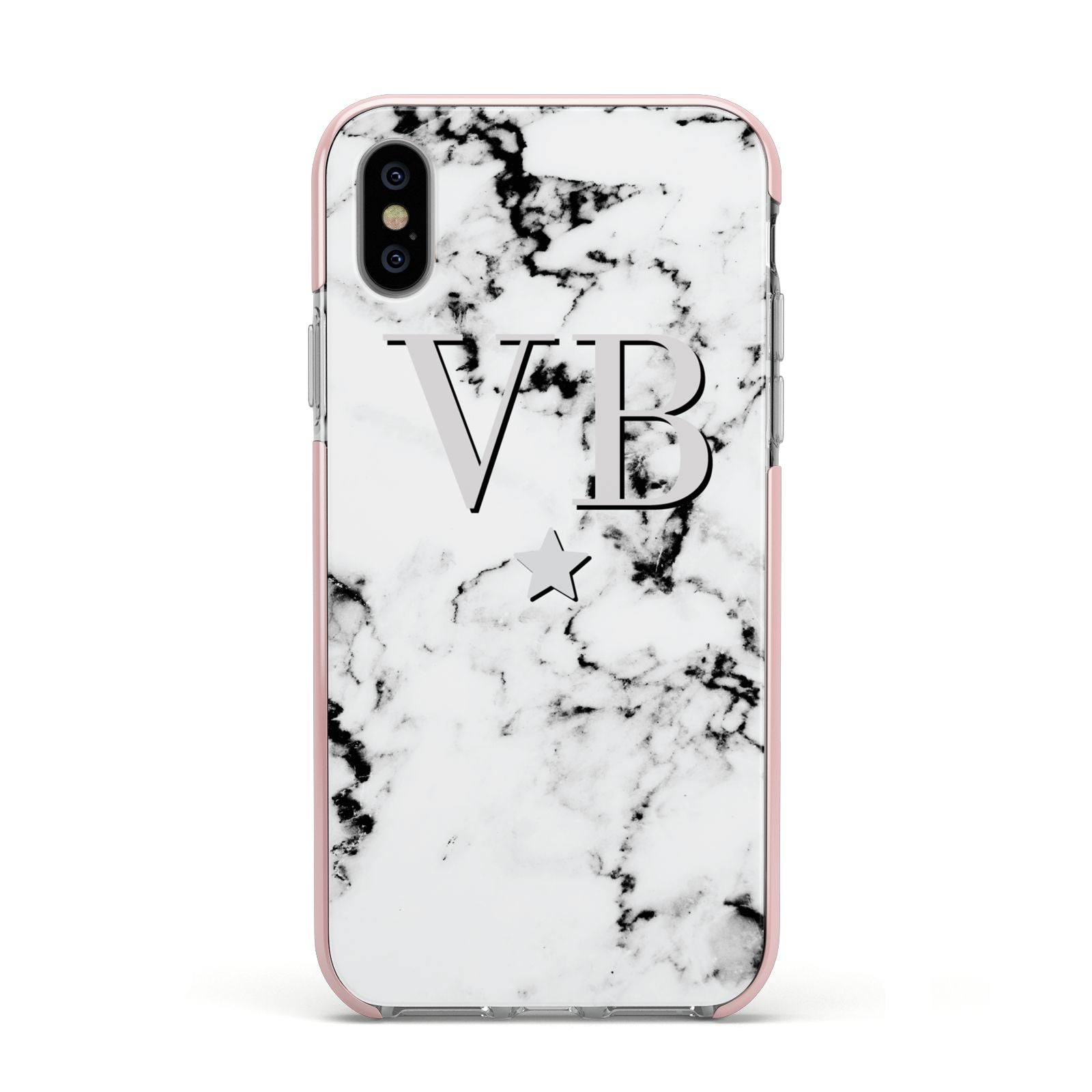 Personalised Star Marble Initialed Grey Apple iPhone Xs Impact Case Pink Edge on Silver Phone