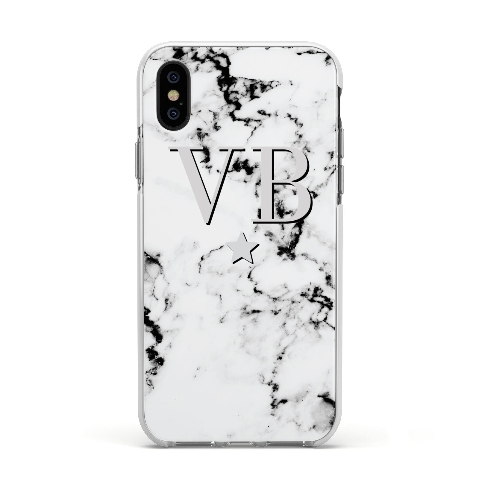 Personalised Star Marble Initialed Grey Apple iPhone Xs Impact Case White Edge on Black Phone