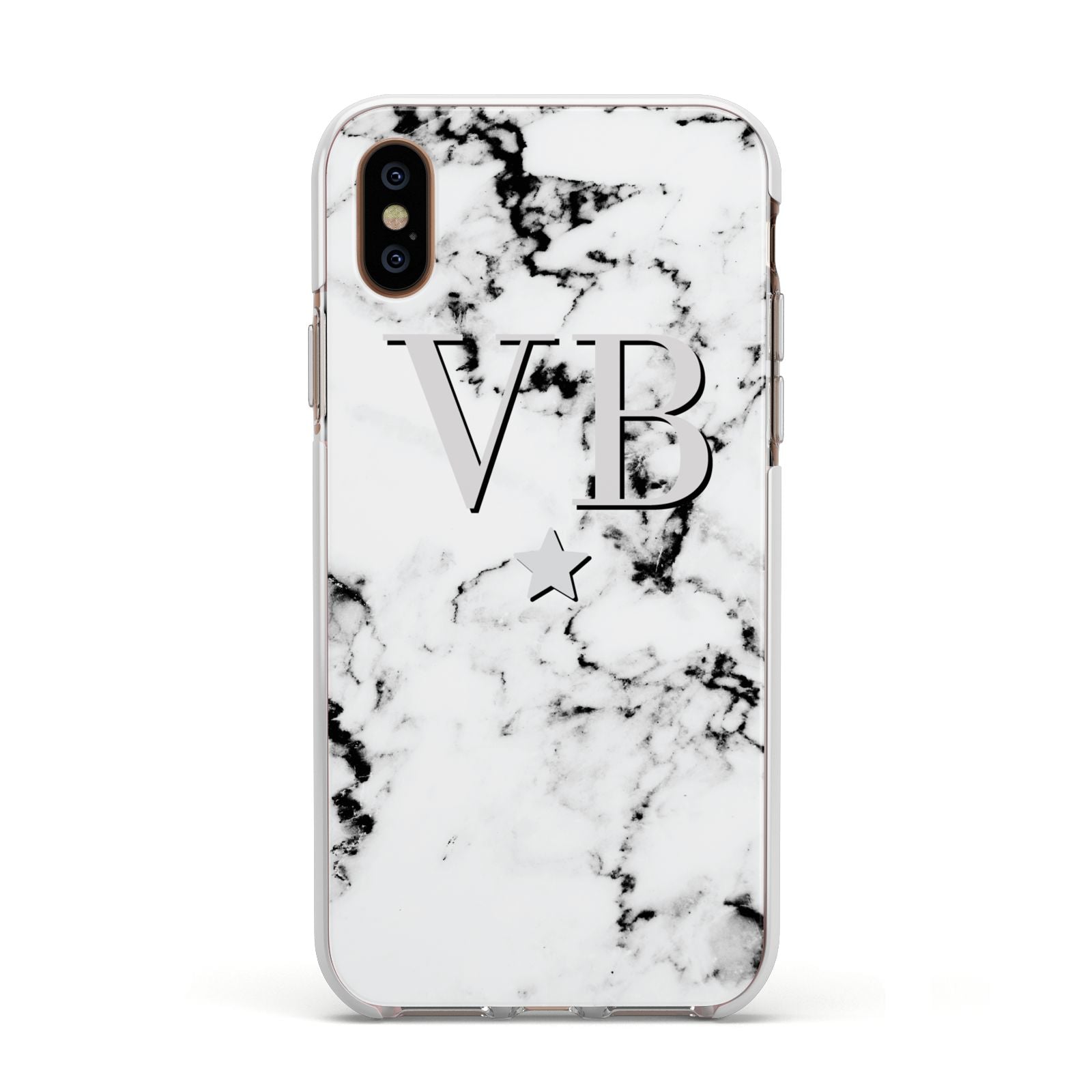 Personalised Star Marble Initialed Grey Apple iPhone Xs Impact Case White Edge on Gold Phone