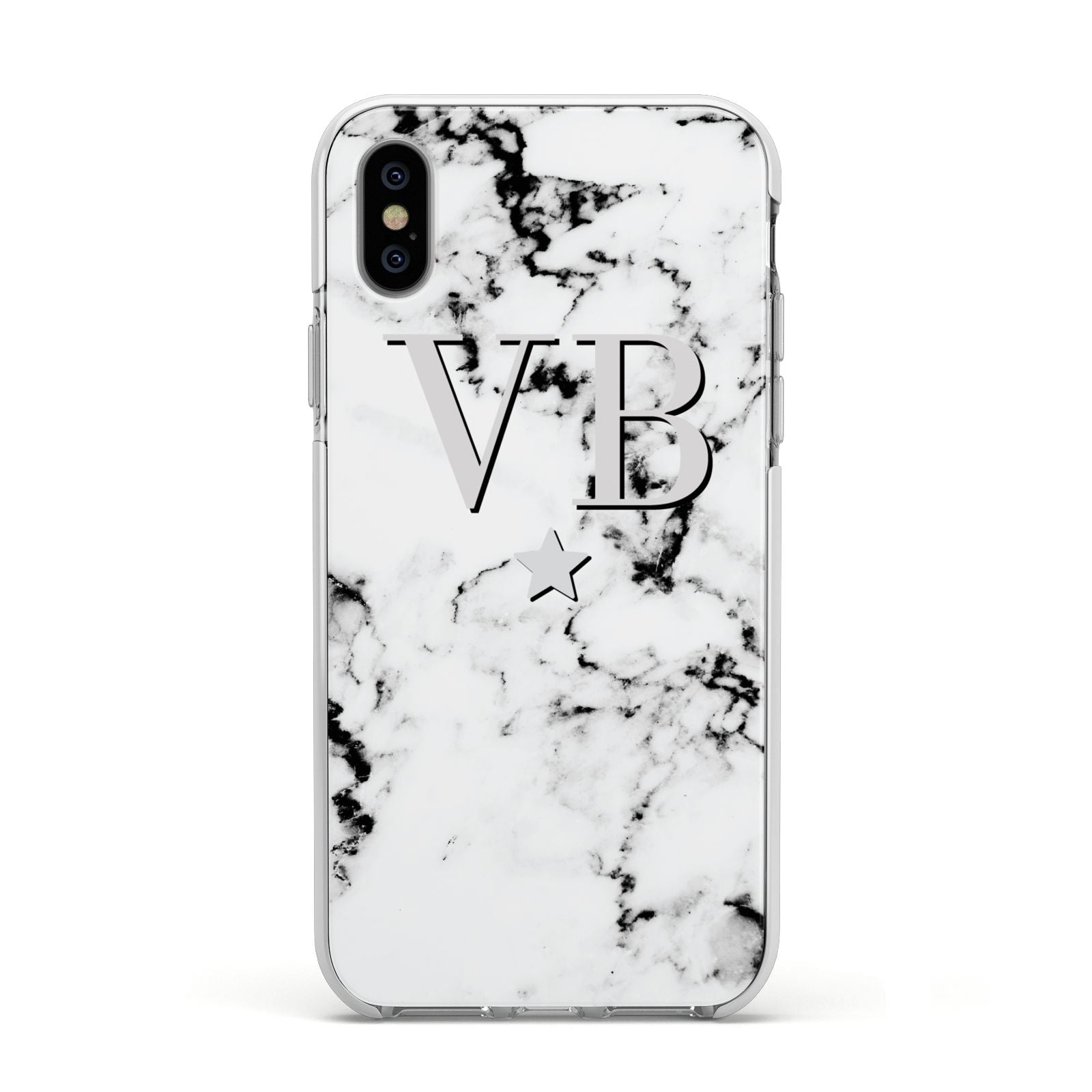 Personalised Star Marble Initialed Grey Apple iPhone Xs Impact Case White Edge on Silver Phone