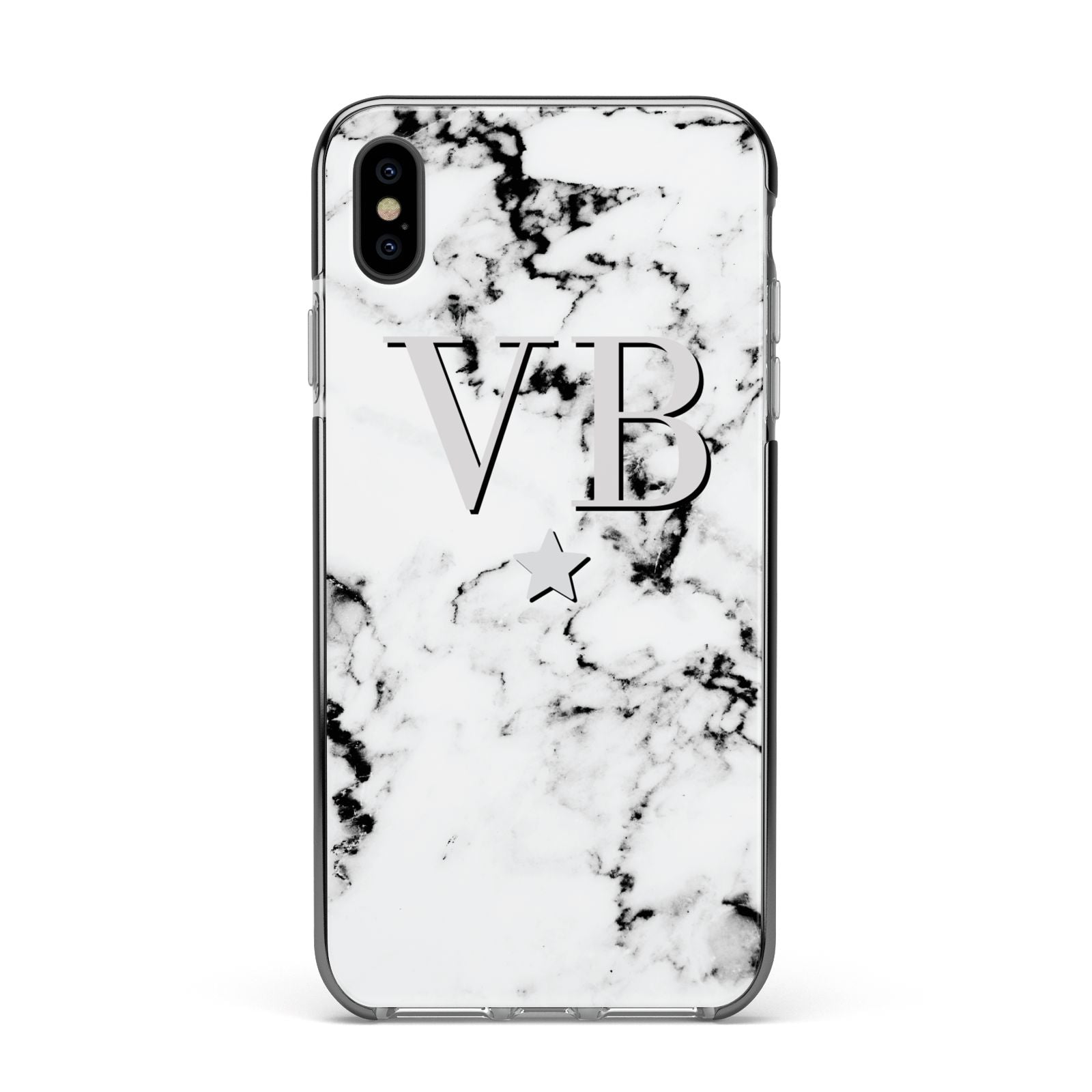 Personalised Star Marble Initialed Grey Apple iPhone Xs Max Impact Case Black Edge on Black Phone